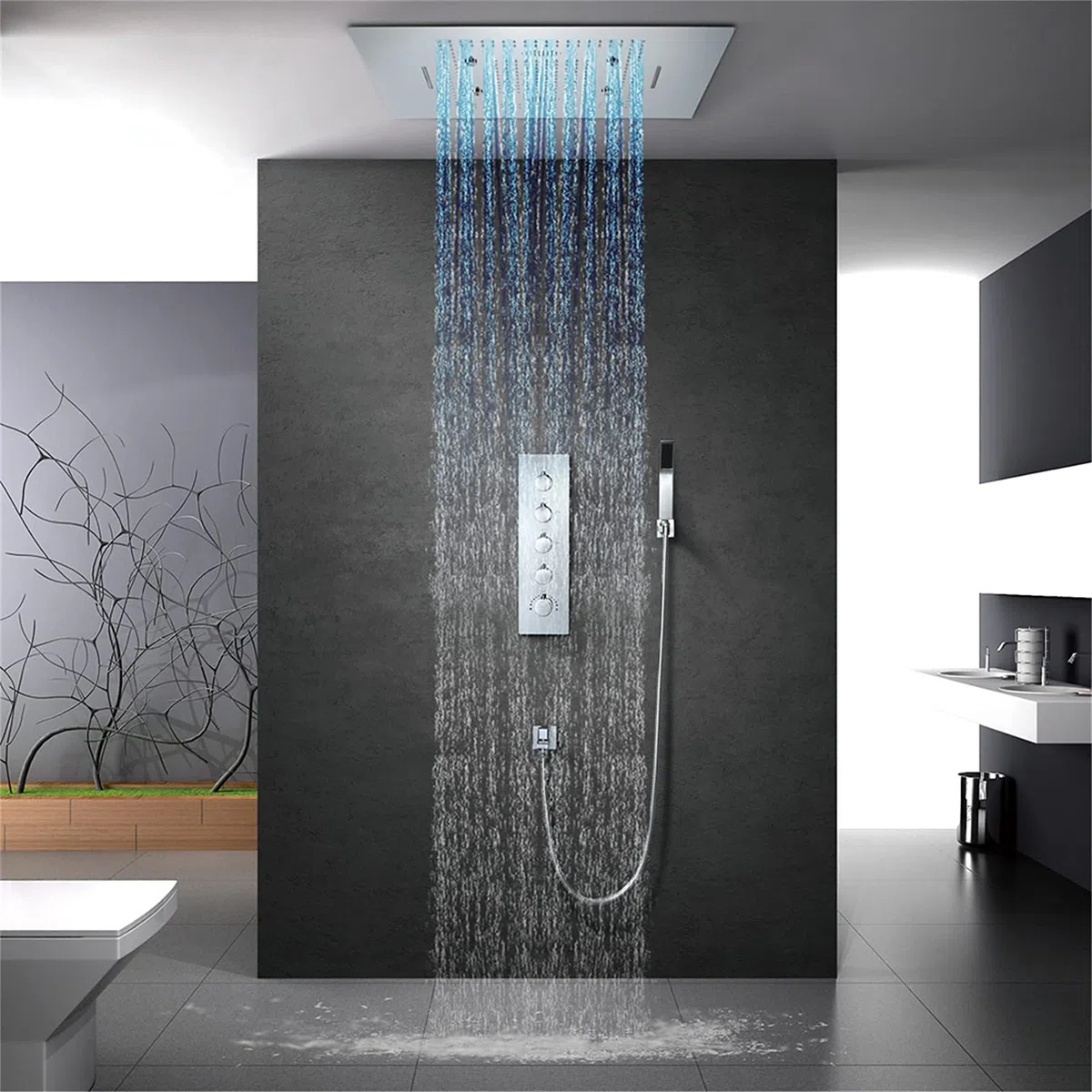 Juego de grifo termostático LED de ducha de acero inoxidable 304, cabezal de ducha de 60 x 80 cm, cascada, lluvia brumosa, juego de mezclador de ducha de baño de 3 funciones, cromado, control de