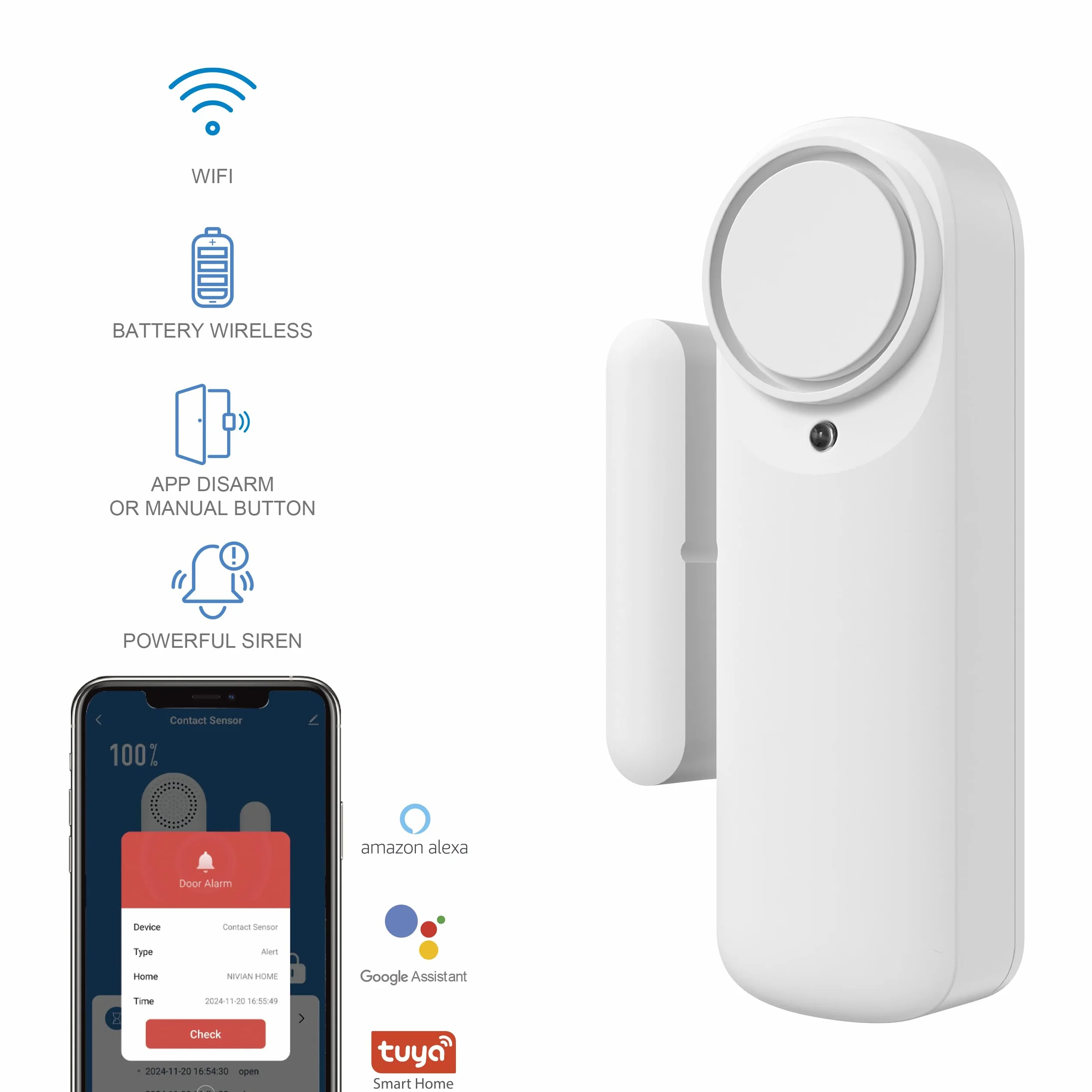Nivian Alarma de Puerta Inteligente WiFi, Sensor Magnético para Puertas, Inalámbrico con App Móvil, Notificaciones en Tiempo Real, Botón Manual, Sirena 100dB (Pack 3)