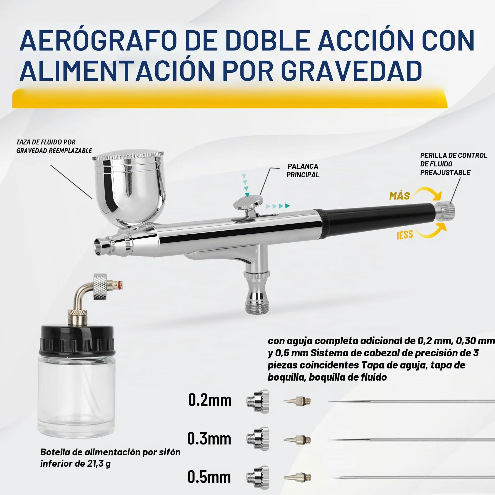 Fengda Pistóla de aerógrafo kit FE-134K con aguja/boquilla de 0,2/0,3/0,5 y tubo.