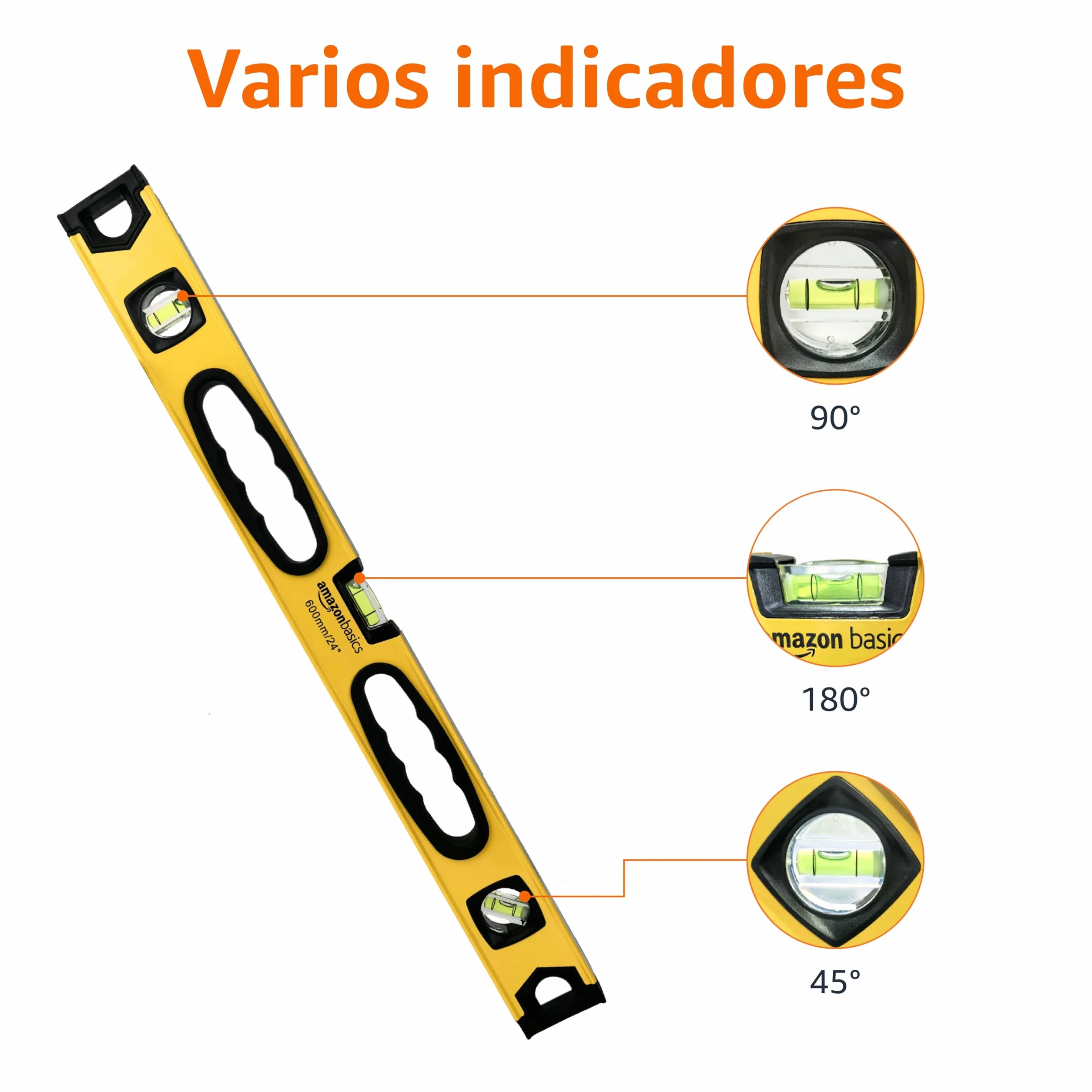 Amazon Basics Nivel de burbuja magnético aleación de aluminio 60.9 cm 180 90 45 grados Amarillo negro