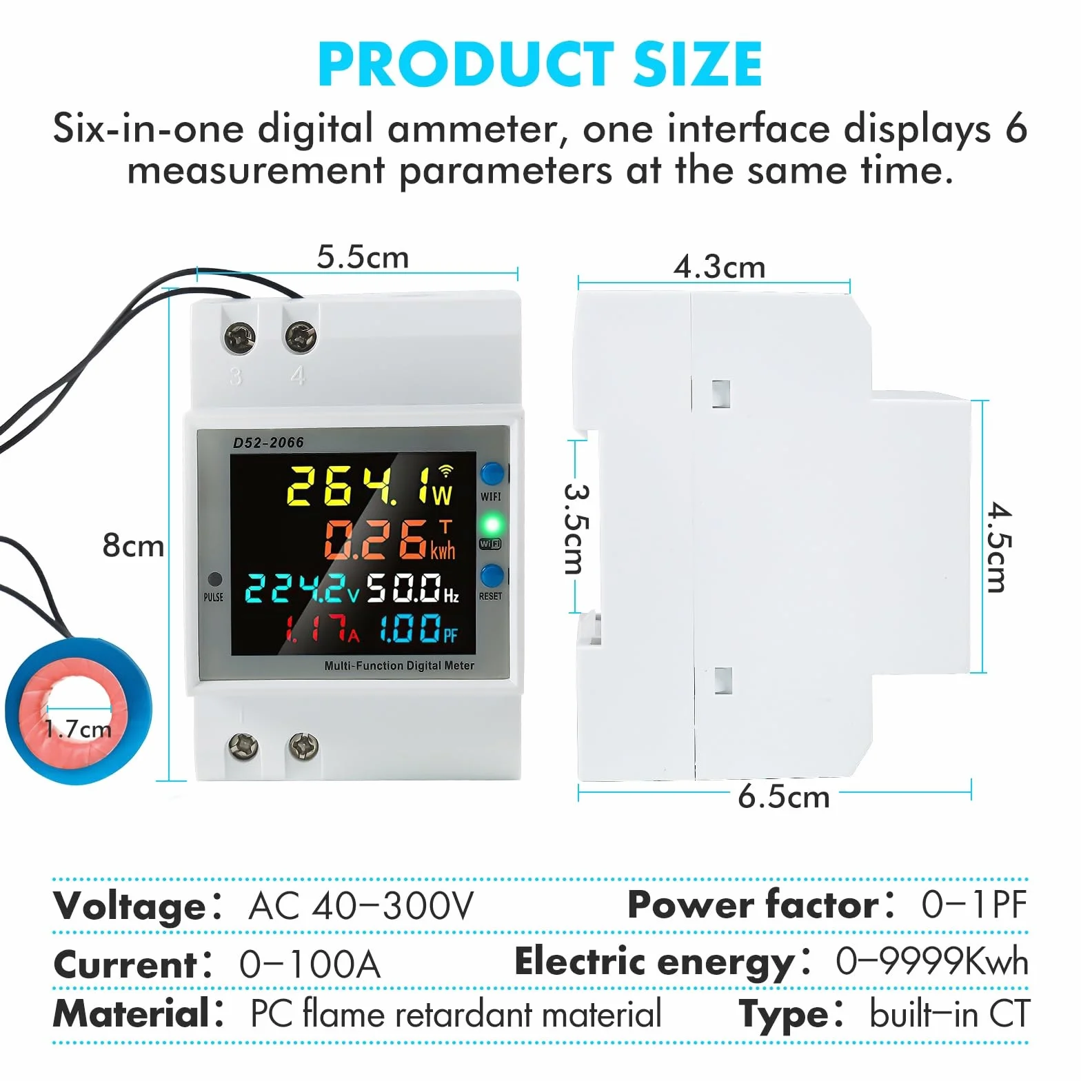 Jadeshay Medidor de Energía WiFi, AC 40-300V 100A Contador Electrico Digital Multifuncional Voltímetro Amperímetro para Medición del Consumo Eléctrico Voltaje Corriente Factor Potencia Frecuencia