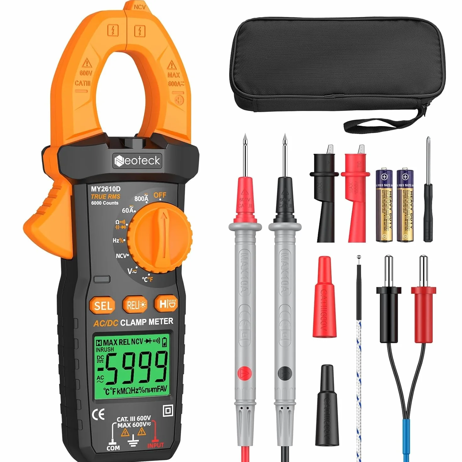 Neoteck Pinza Amperimétrica 6000 Cuentas TRMS Pinza Multímetro 800A AC/DC Corriente y Voltaje Multimetro Digital con Linterna para NCV,Resistencia, Diodos, Continuidad,Frecuencia,Capacitancia