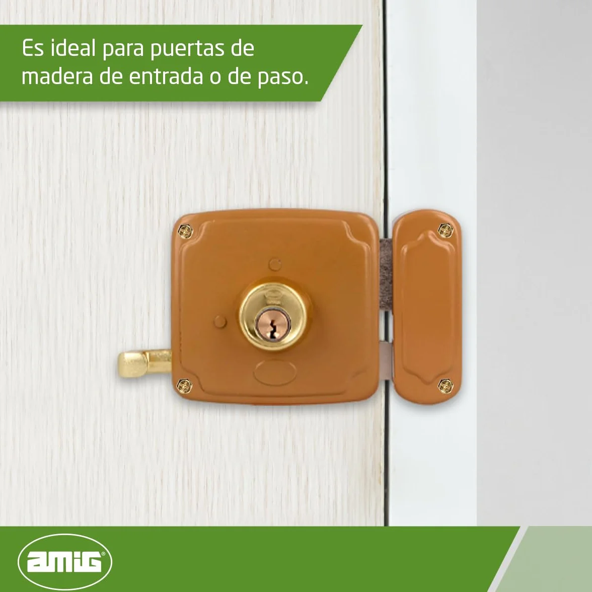 Amig - Cerradura de Sobreponer de Derecha con Palanca de Cierre, Lengüeta y Tirador - Acero Dorado - Medida: 100 x 95 mm - Ideal para Puertas de Madera de Entrada o de Paso
