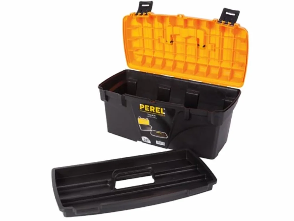 Perel caja de herramientas 43,5L con bandeja extraíble, toolbox de plástico con asa plegable y cierres de plástico, maletín herramientas 53,5 x 29,1 x 28 cm