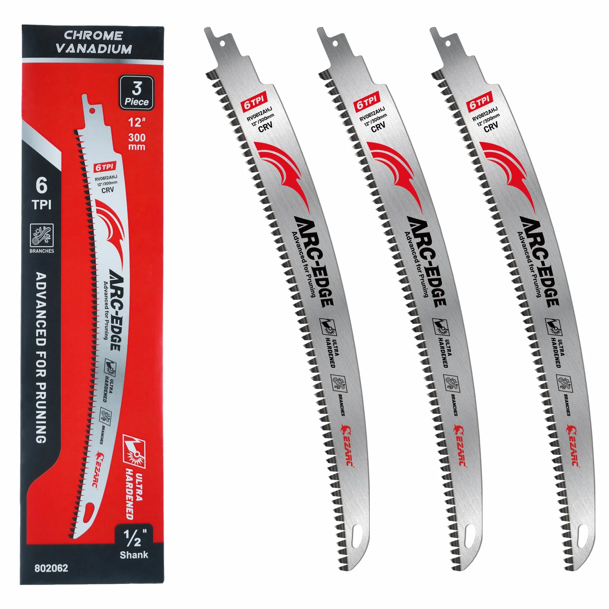 EZARC Lama de sierra recíproca de 300mm con dientes japoneses, hojas de sierra para poda de madera con borde en arco de 6 TPI para recortar árboles, cortar madera, 3 piezas.