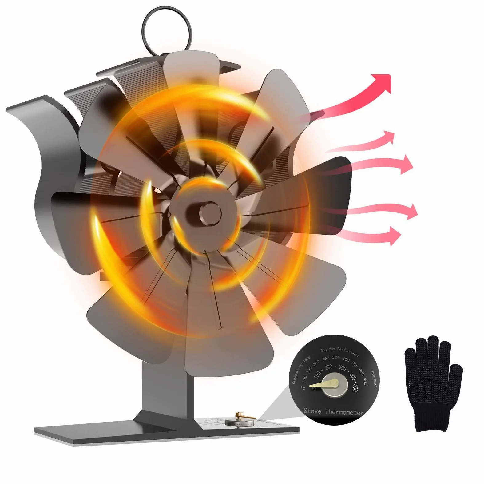 Ventilador de estufa sin electricidad con 8 aspas para estufa de leña, funcionamiento silencioso, distribuidor de aire caliente para quemador de madera (con termómetro y guantes)
