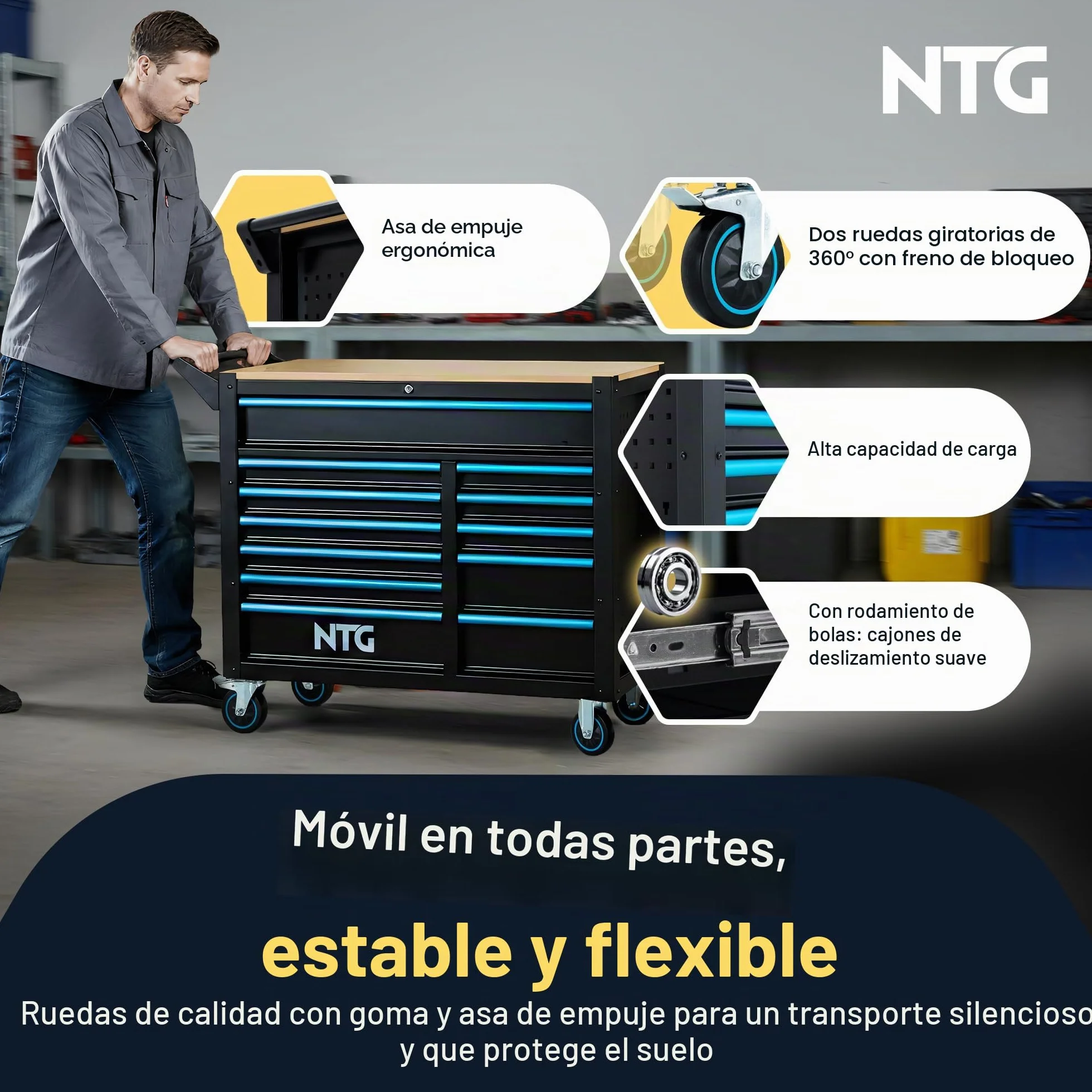 NTG Carro de herramientas XXL 471 piezas 12 cajones con tablero de trabajo de madera con llave móvil sobre ruedas Gabinete profesional de metal para garaje y taller