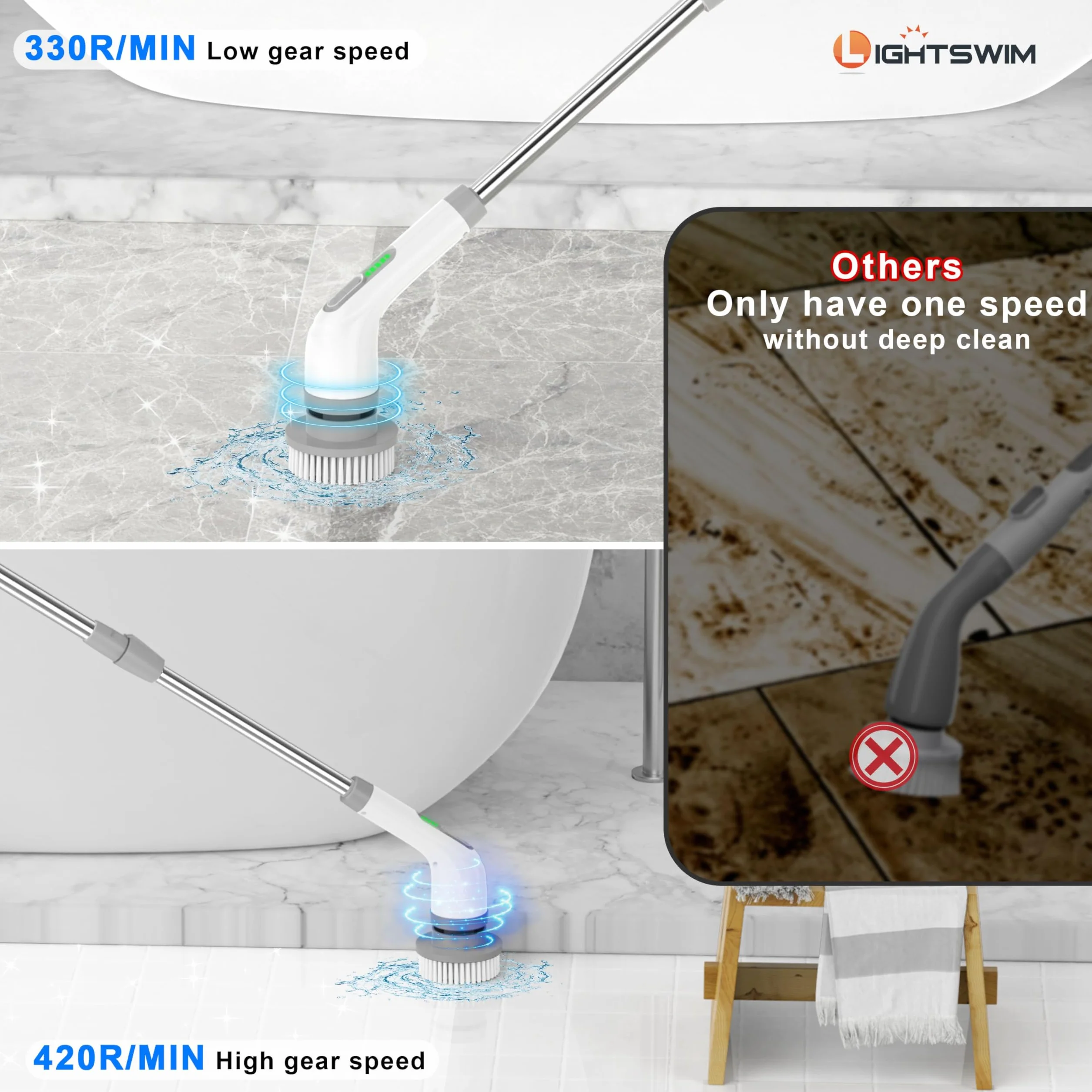 Lightswim Limpiador giratorio eléctrico, cepillo de limpieza 7 en 1, limpieza potente de 420 rpm, limpiador de baño de 1.5 horas de velocidad dual con brazo de extensión para cocina, coche, azulejos