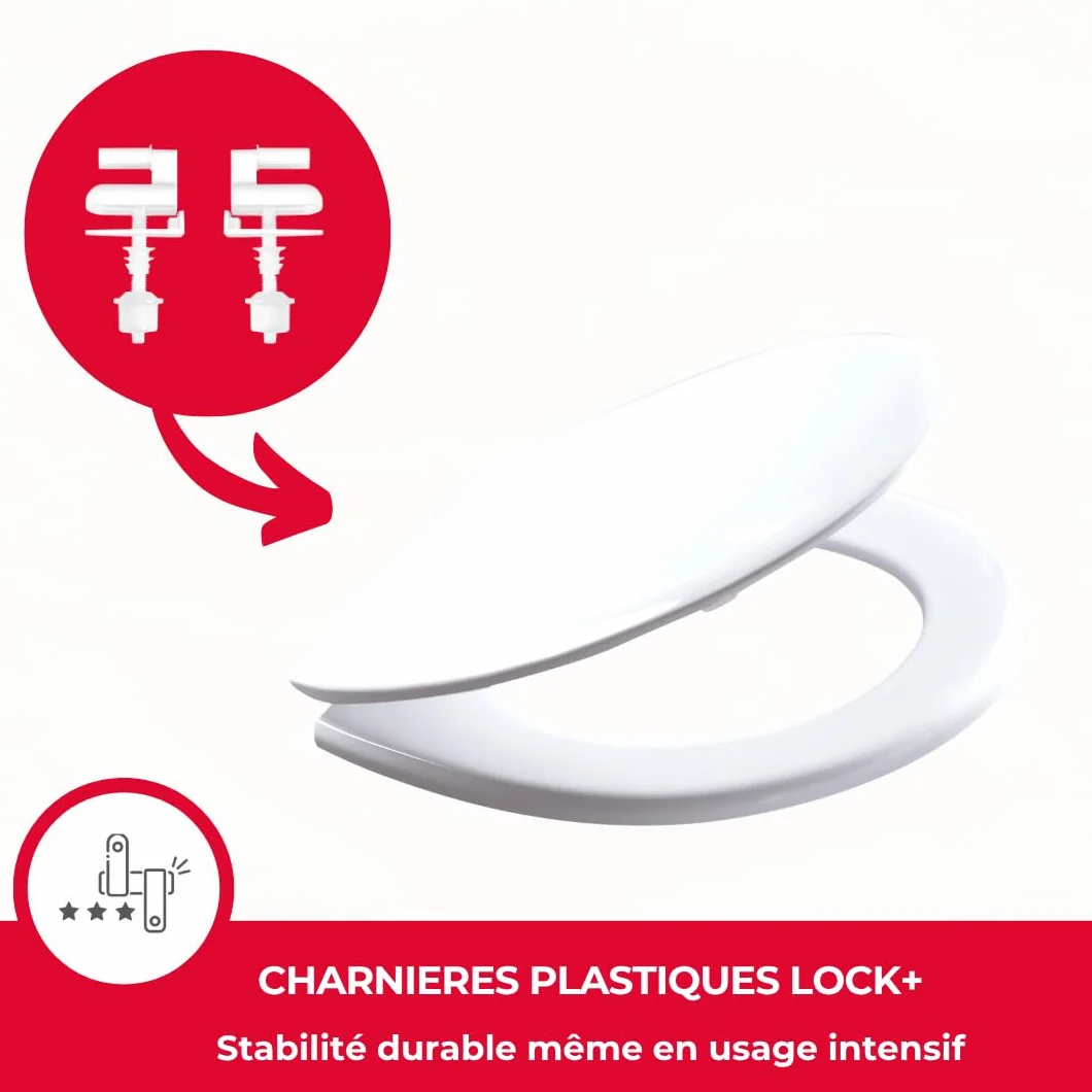 Wirquin, blanco 20719017 - Tapa de inodoro de neón termoplástico en forma de U con bisagras de plástico Lock