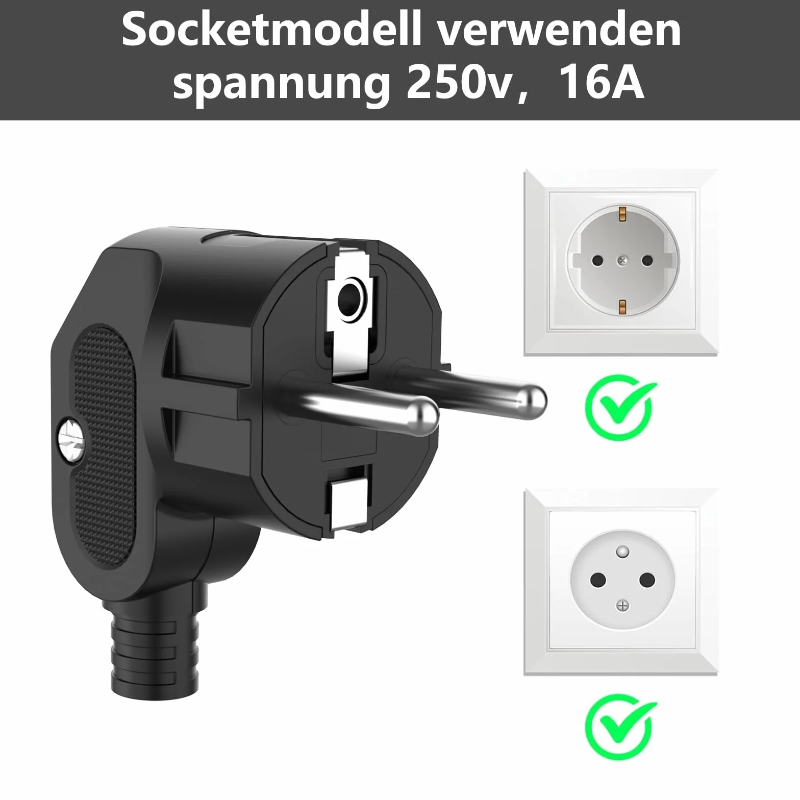 Enchufe Schuko 250V 16A Ángulo 8-10 mm Clavija Contacto Puesta a Tierra Europeo