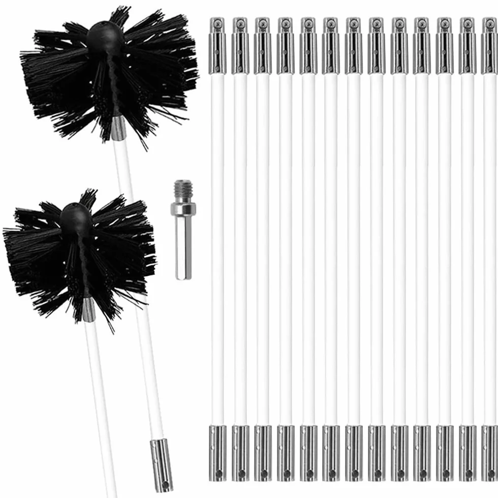 Kit de Cepillo Limpieza Chimenea Cepillo para Chimenea Rotativo de Nylon Juego de Limpieza Ventilación Conducto 15 Varillas 1 Cabeza Cepillo 150mm 1 Cabeza Cepillo 100mm