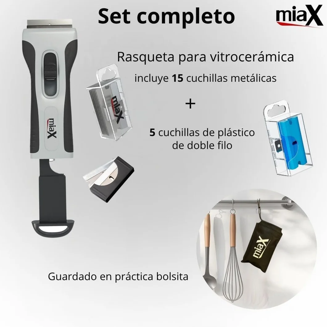 miaX Rasqueta Vitrocerámica con Compartimento y 20 Cuchillas | 15 cuchillas metálicas, 5 cuchillas plásticas, placa de inducción, horno, mango antideslizante