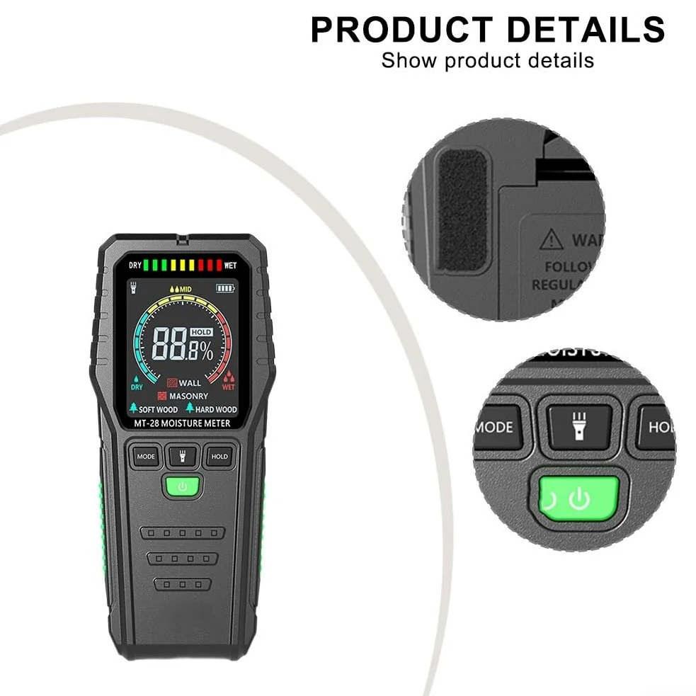 Medidor de humedad no invasivo Probador de madera sin pines con pantalla LCD para paneles de yeso, madera dura, detección de fugas, sensor de humedad de edificio, herramienta de suelo