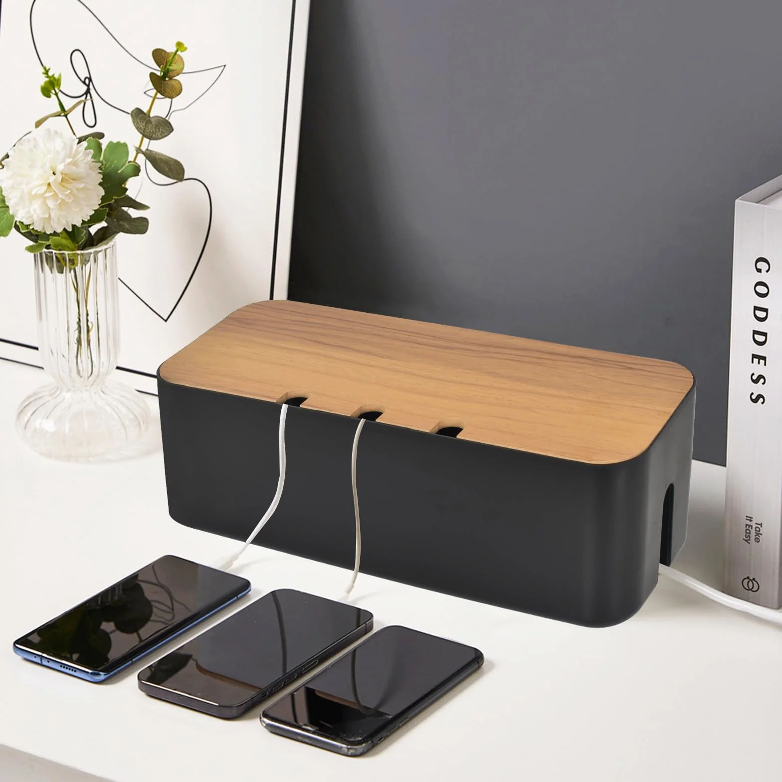Caja organizadora de cables grande negra con tapa de madera para guardar accesorios y regletas de enchufe para televisores y escritorios en casa y oficina