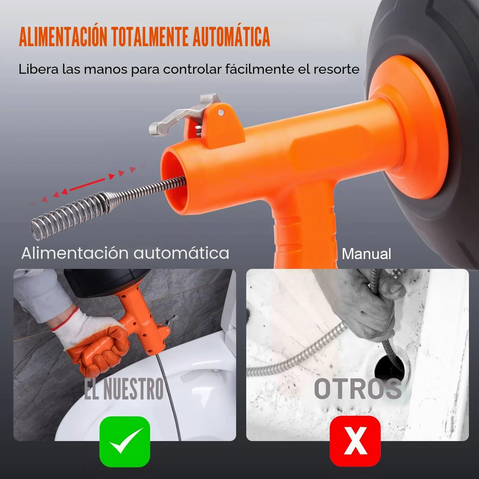 VEVOR Espiral de Limpieza de Tuberías 0,63x76,2 cm Cable de Acero de Resorte Limpiador de Drenaje de Alimentación Automática de Limpieza de Tuberías Limpiador de tuberías para Inodoros, Cocina, Baño