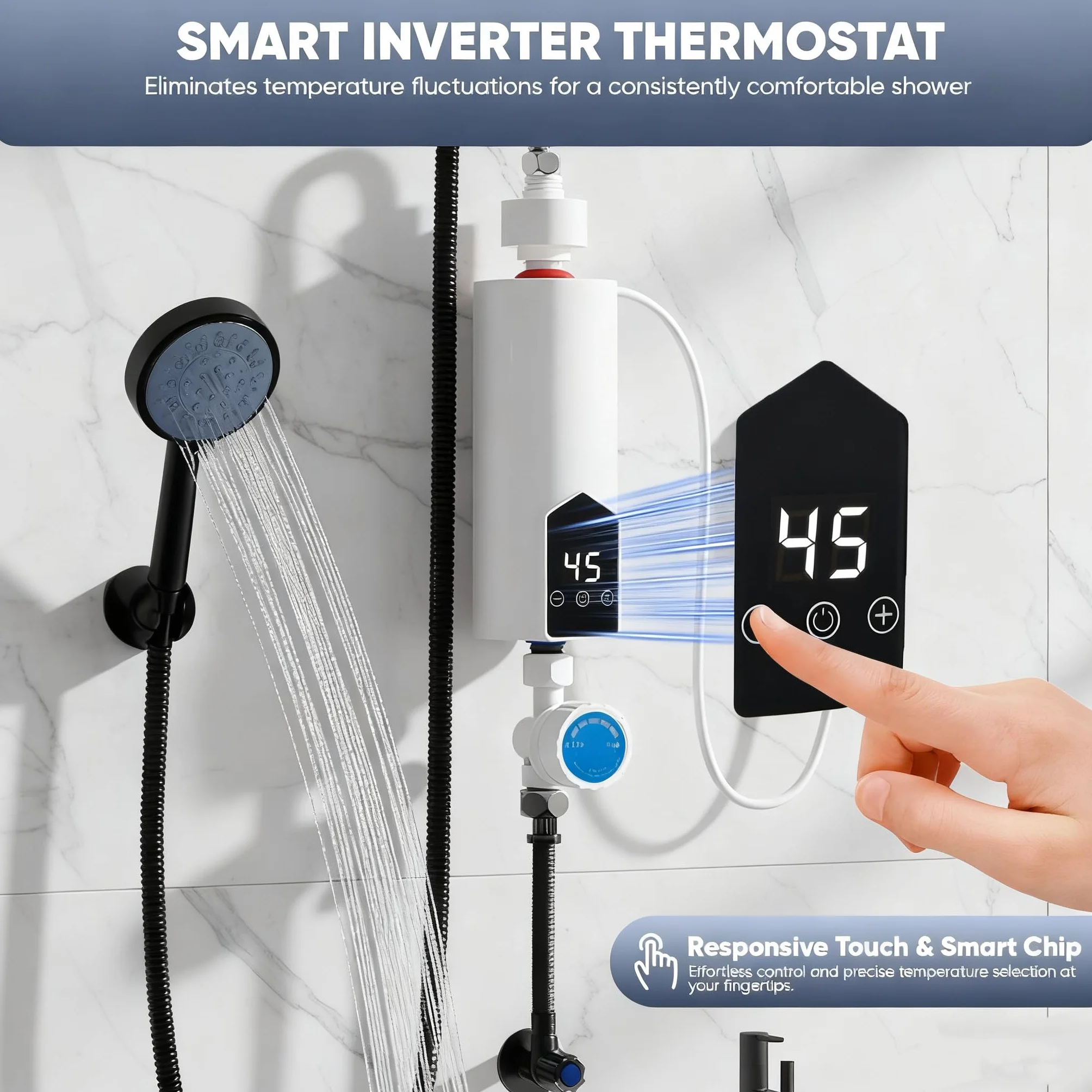 Calentador de agua sin depósito de 5500 W con juego de ducha, calentador de agua instantáneo de 220 V con pantalla digital LCD y botones táctiles, adecuado para ducha, baño/cocina/lavabo (F)