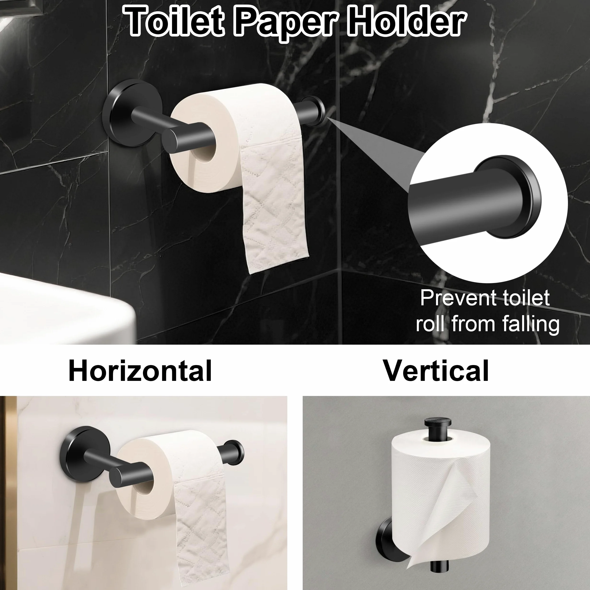 Juego de Toallero de Baño Juego de Herrajes de Baño de Acero Inoxidable Ganchos para Bata para Baño y Cocina 5 Piezas (Negro)