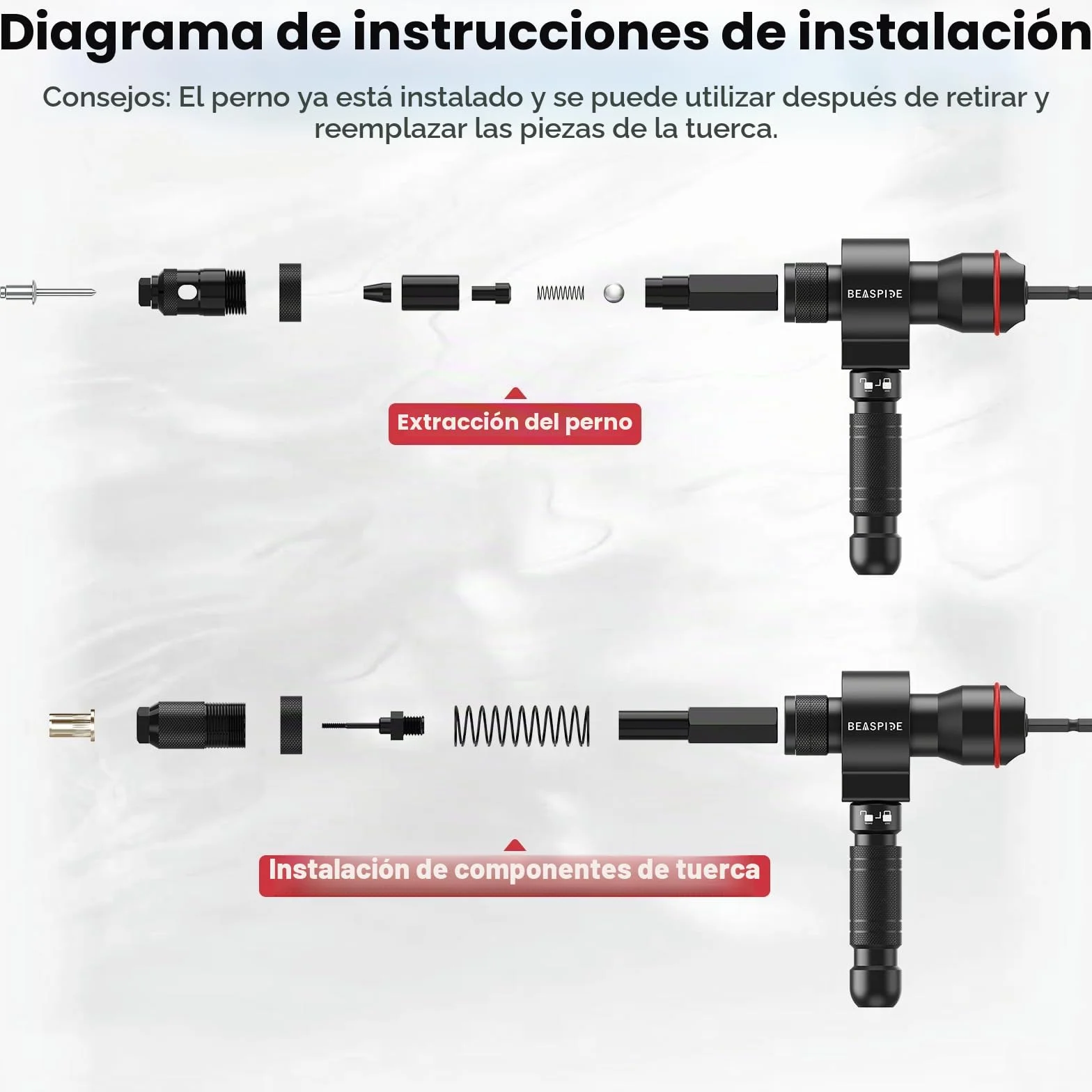 Adaptador 2 en 1 para Remachadora para Taladro y Atornillador, Juego de Adaptadores Remachadora de Tuercas para Remaches 2,4-6,4 mm y Tuercas Remachadas M3-M12, accesorio profesional de remache