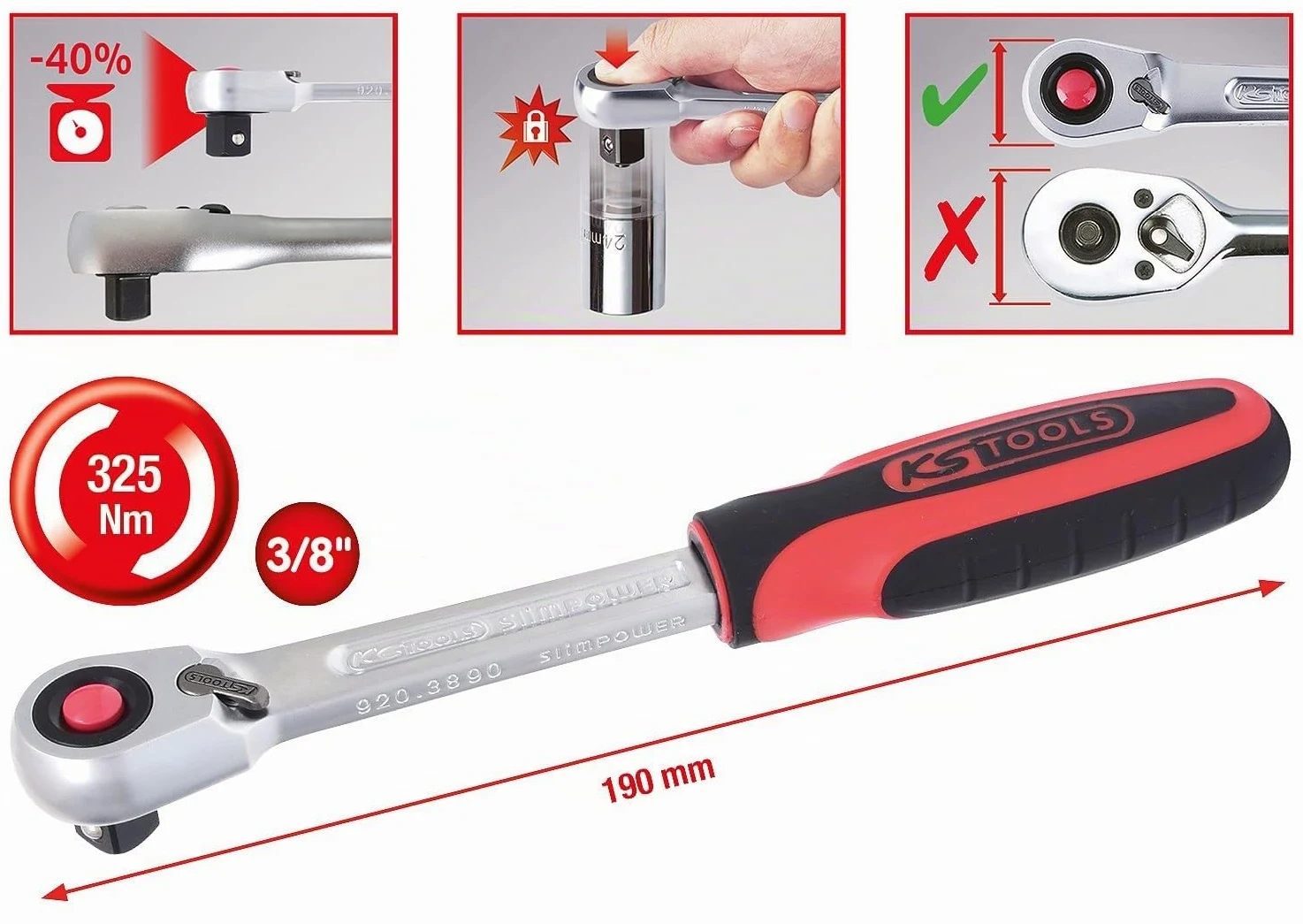 KS Tools 920.3890 Carraca reversible SlimPOWER 3/8"
