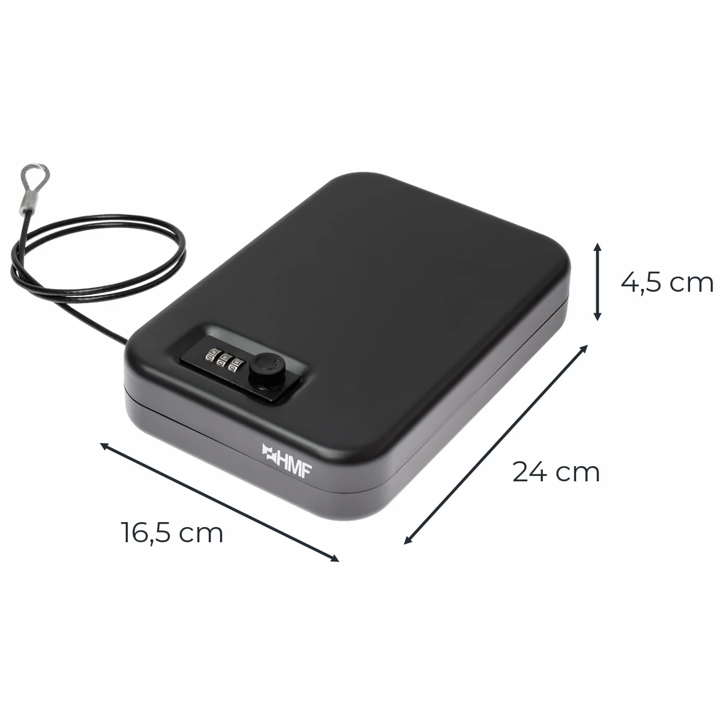 HMF 317-02 Caja de seguridad con cerradura de combinación, portátil, cable de seguridad 24x16,5x4,5 cm Negro