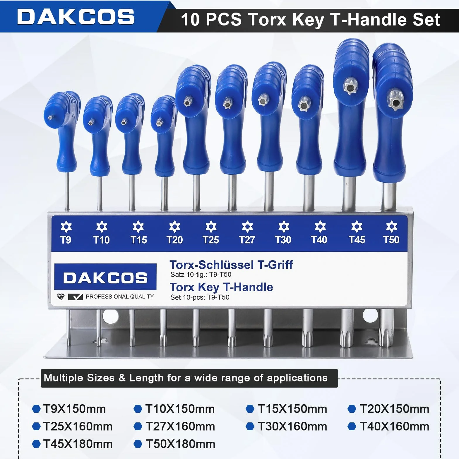 DAKCOS Juego de 10 llaves Torx con mango en T, llave de estrella T9-T50 con estante de almacenamiento, Cr-V
