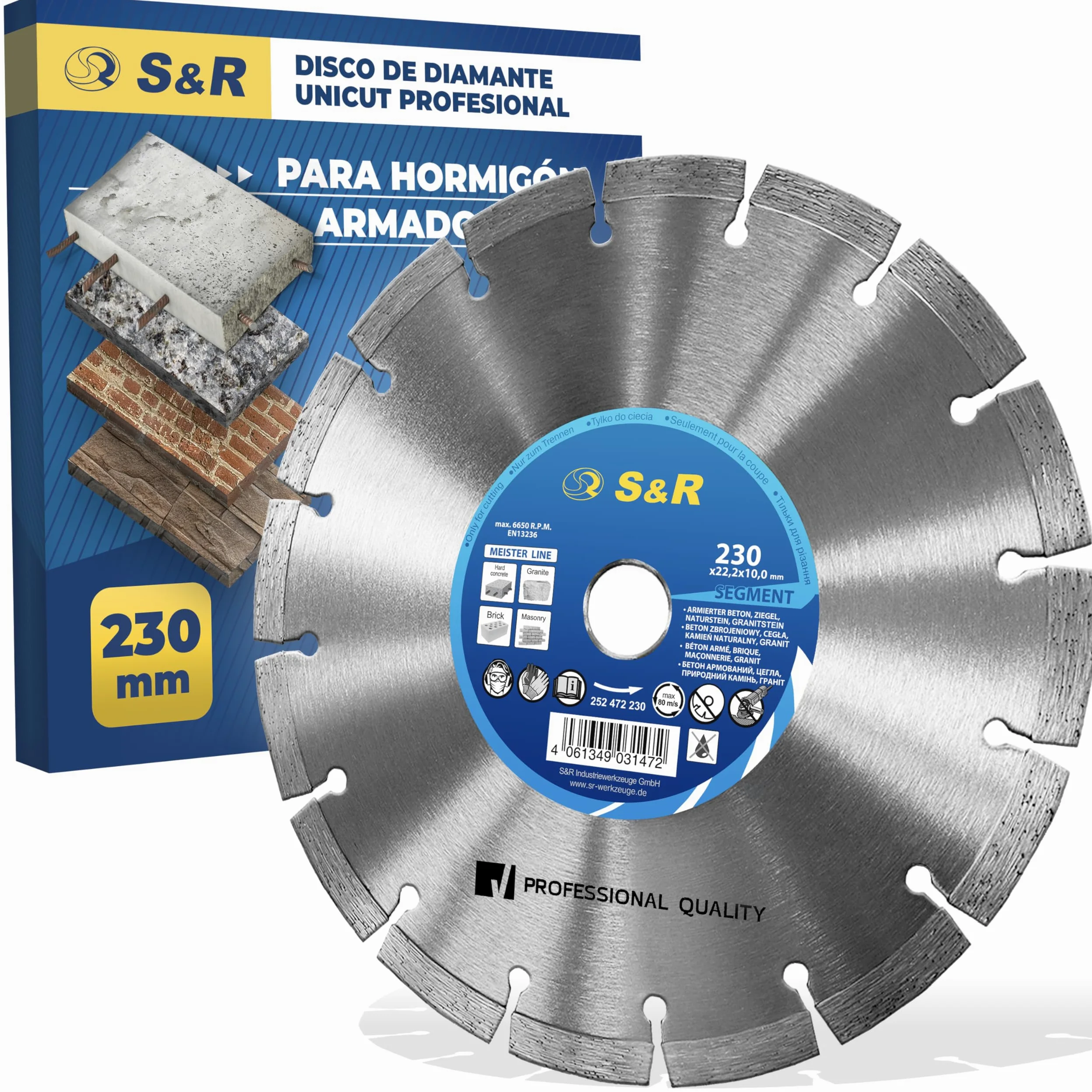 S&R Disco corte de Diamante 230 x 22,2 x 10 2,6 mm para Hormigón, Hormigón armado, Granito, Piedra natural, Ladrillo