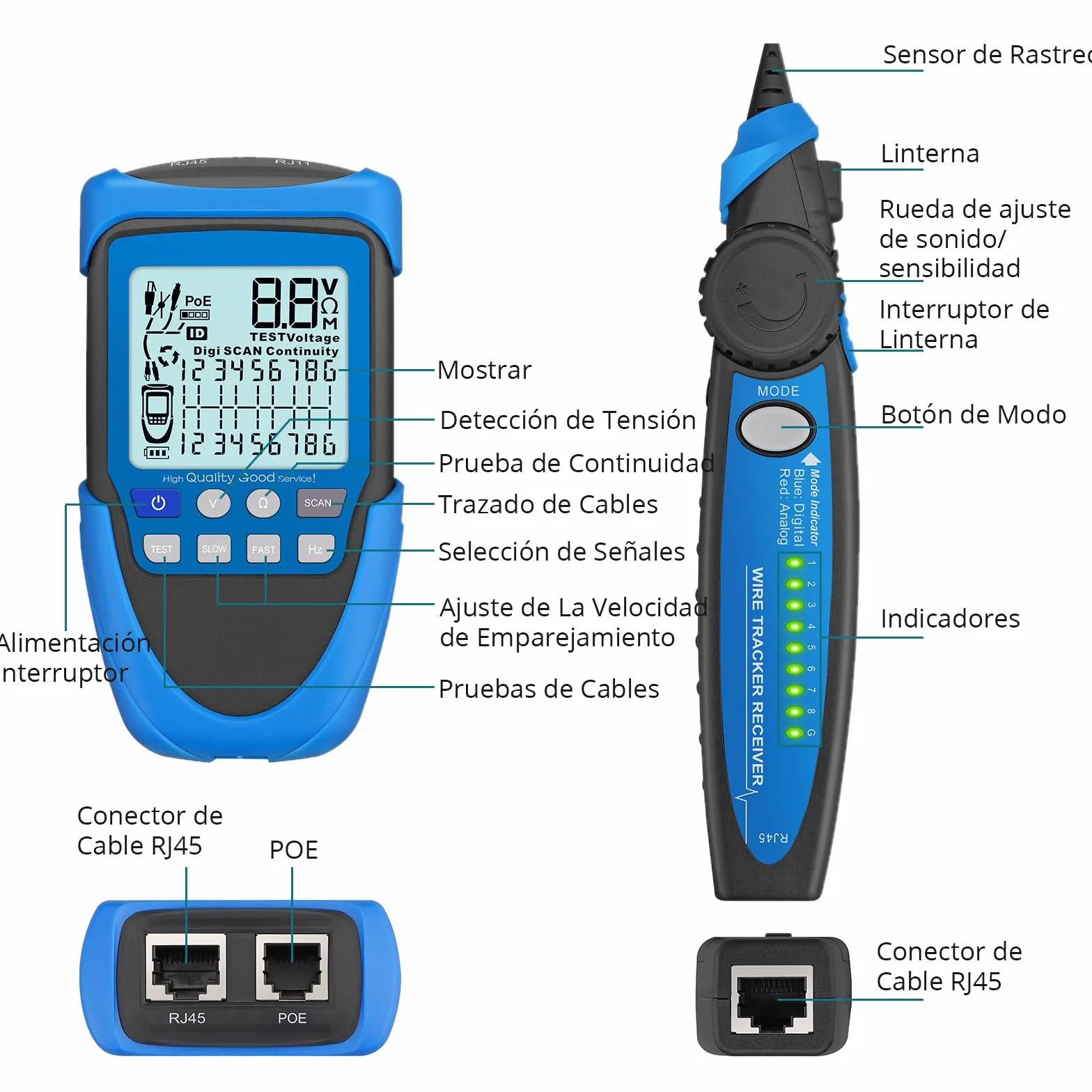 Probador de Cable POE Rastreador de Cables RJ45 LCD Buscador de Líneas CAT5/5e CAT6 Cat7 Cat8 Prueba de Voltaje