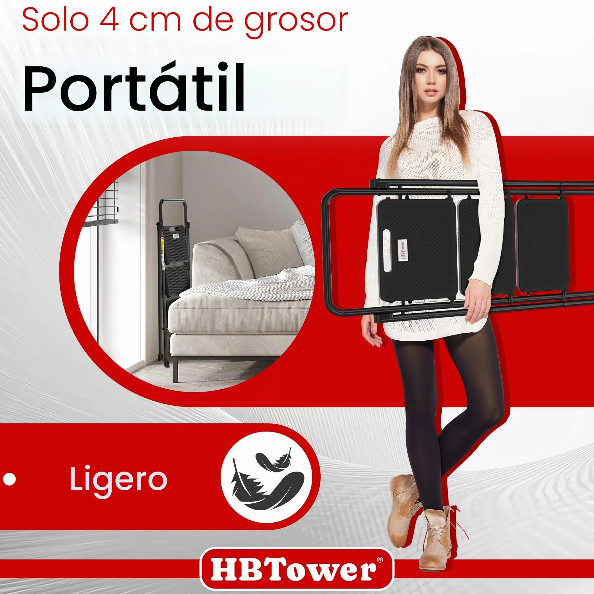 HBTower Escalera 3 Peldaños Plegable, Peldaños Antideslizantes con Asas Cómodas, Escalera Portátil de Acero, Negra
