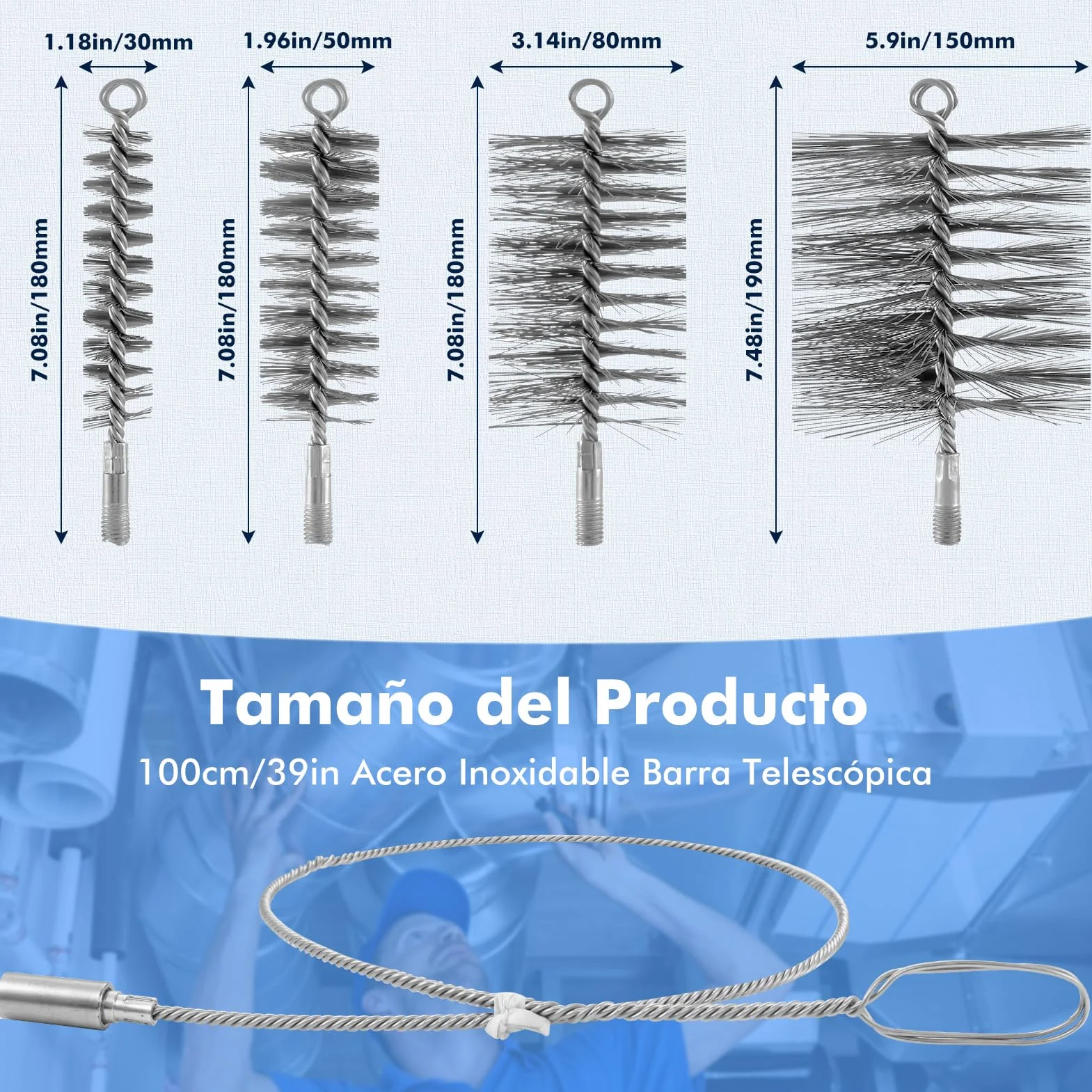 4 Piezas Cepillo de Caldera Kit, Diámetro 30/50/80/150mm con 1 Metro Extensor, Cepillo de Limpieza para Chimeneas para Limpiar Chimeneas Tubos de Horno y Tubos Humo