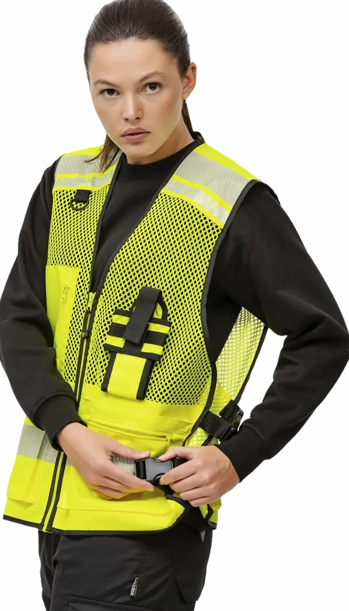 WORKTEAM Chaleco de Alta Visibilidad con Rejilla Transpirable, Cintas Reflectantes Segmentadas, Ajustes Laterales y Multibolsillos Unisex