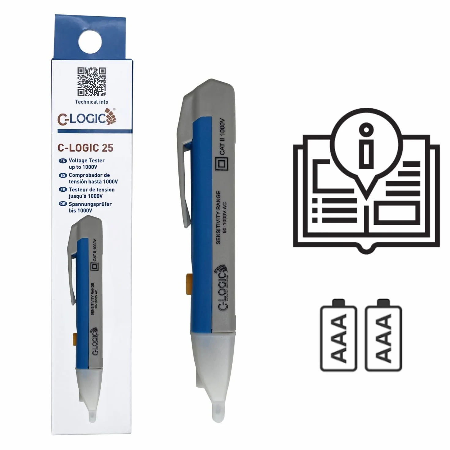C-LOGIC 25 Detector de Voltaje Sin Contacto NCV Comprobador de Tensión LED Rojo 90V-1000V AC Indicador Acústico Visual CAT II 1000V