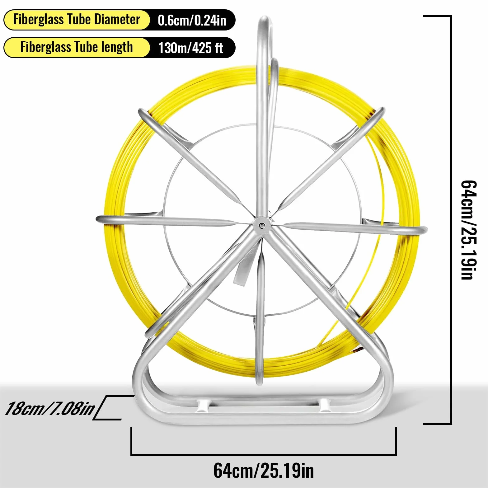 Rodder de conducto de fibra de vidrio 6 mm x 130 cm con soporte y freno de acero, no conductivo