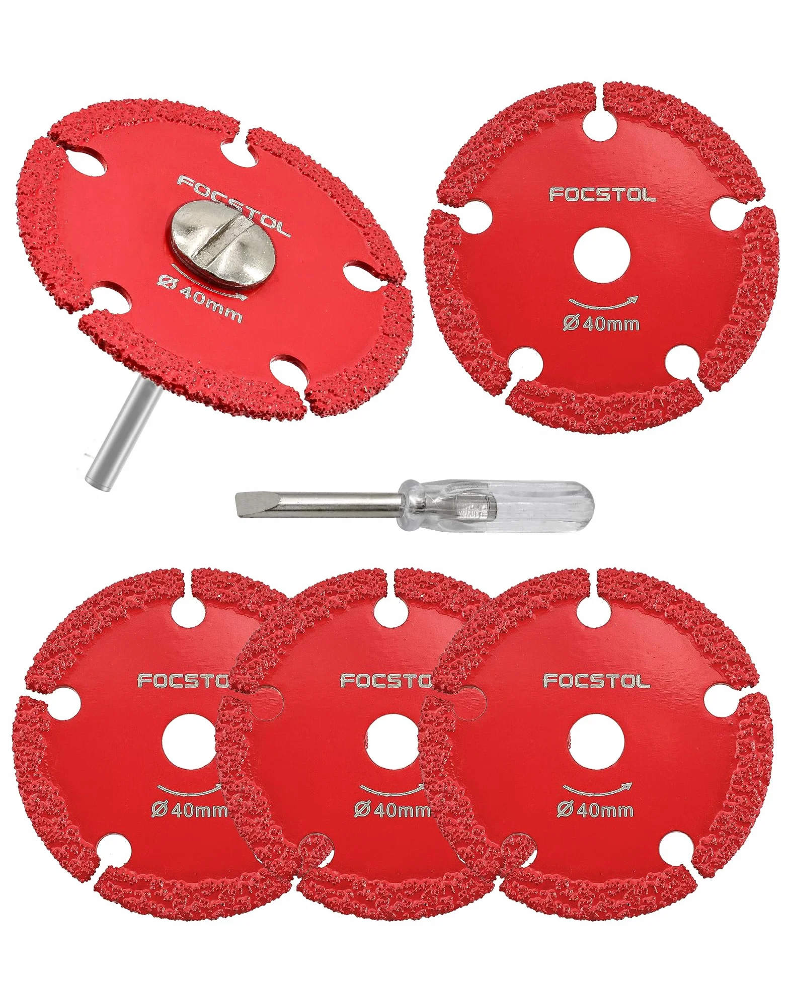 FOCSTOL Disco Corte para Metal - 5 piezas 40mm Disco Diamante Mini y 1 pieza Mango Redondo 3mm para Cortar Tubos de Hierro Delgados, Chapas de Hierro Finas, Pernos y Tornillos