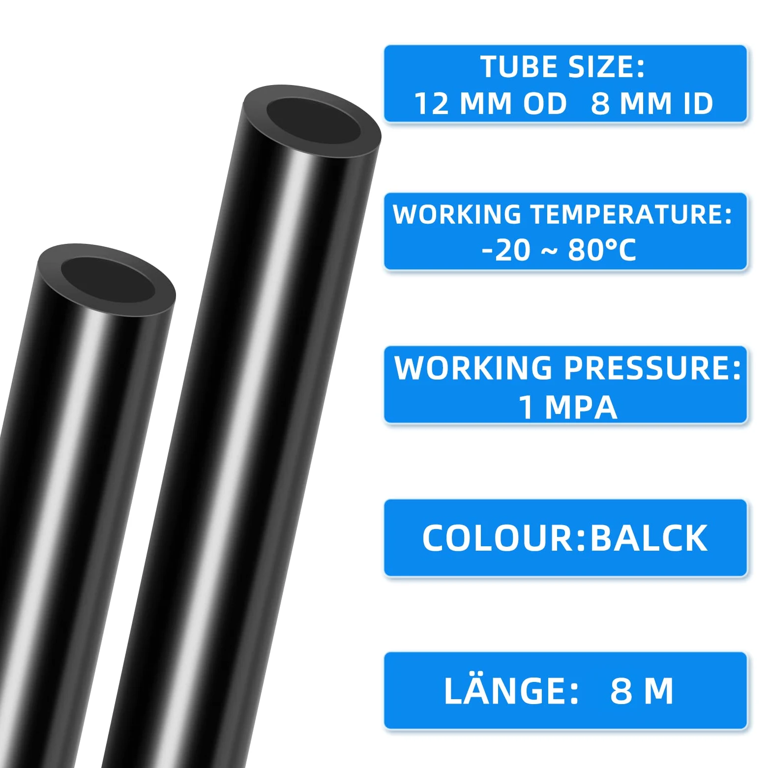 Manguera de aire de poliuretano negro de 10 m, diámetro exterior de 12 mm x diámetro interior de 8 mm con kits de conectores neumáticos
