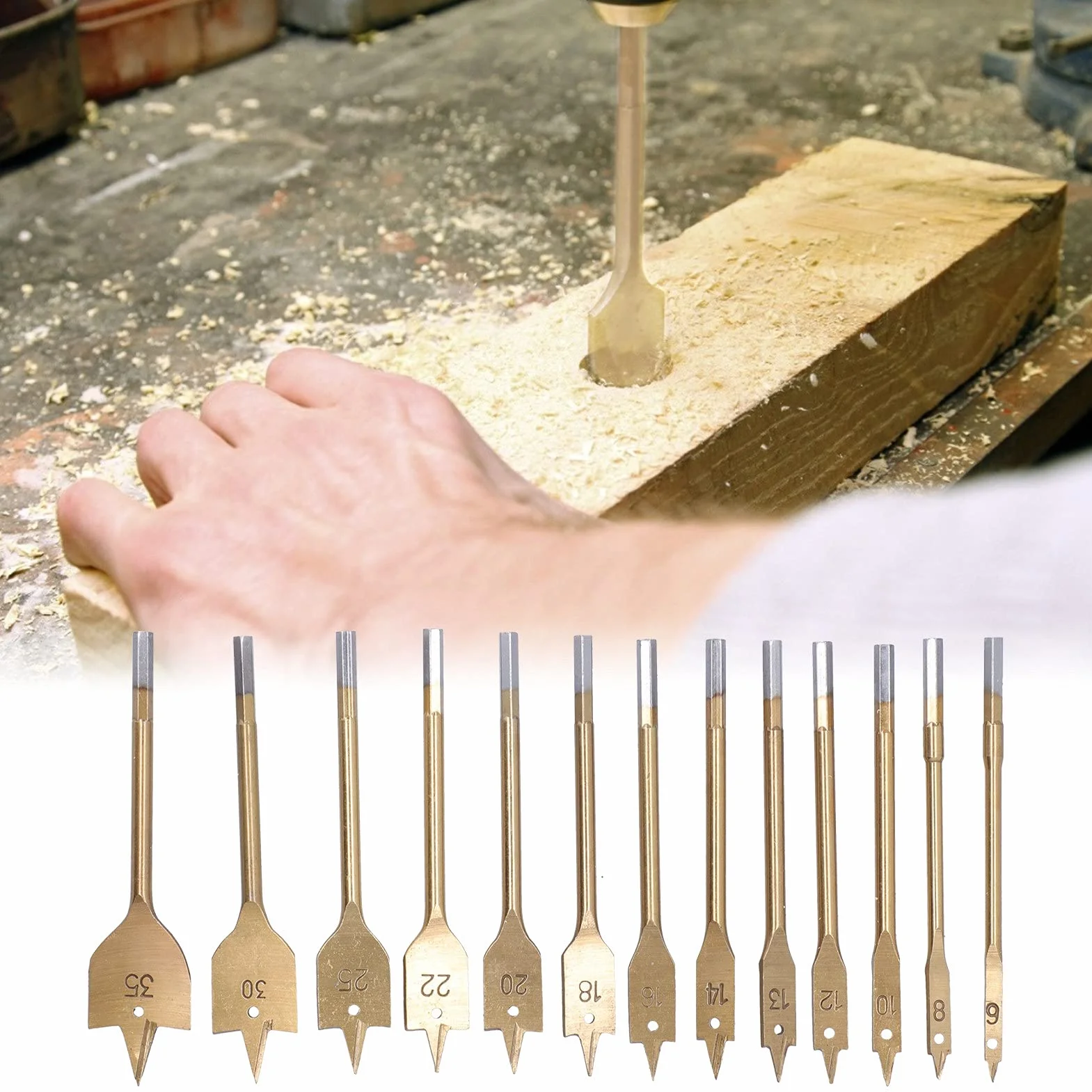 13 piezas de brocas de pala, broca plana de paleta de acero al carbono con revestimiento de titanio de 6-35 MM, juego de brocas de pala de acero al carbono para cortador de agujeros para carpintería