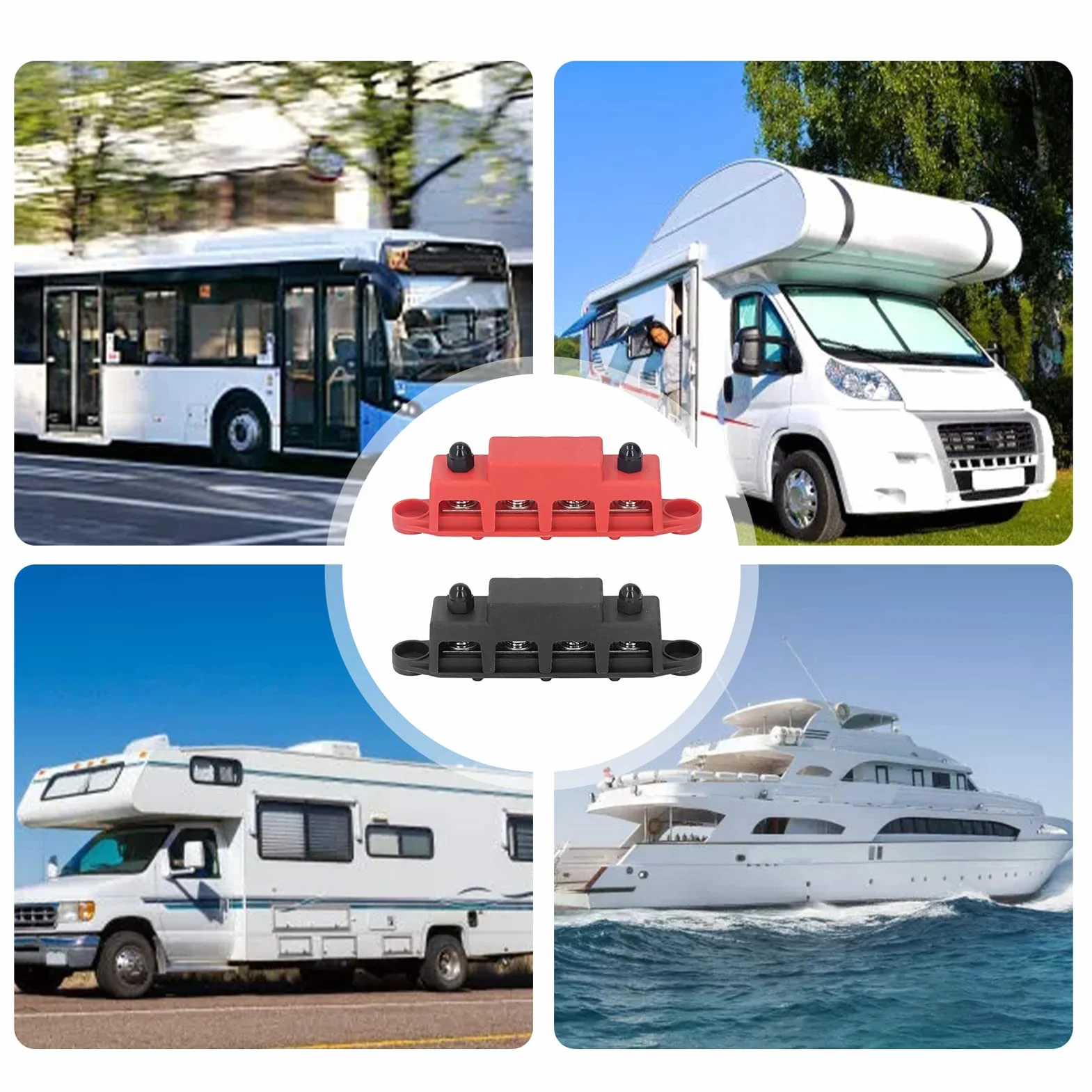 Asixxsix Bloque de Distribución de EnergíA de 2 Piezas, Bloque de Terminales Tornillo M8 Barra de Bus de 4 Terminales CC 48 V 250 A para Automóviles, Vehículos Recreativos, Barcos