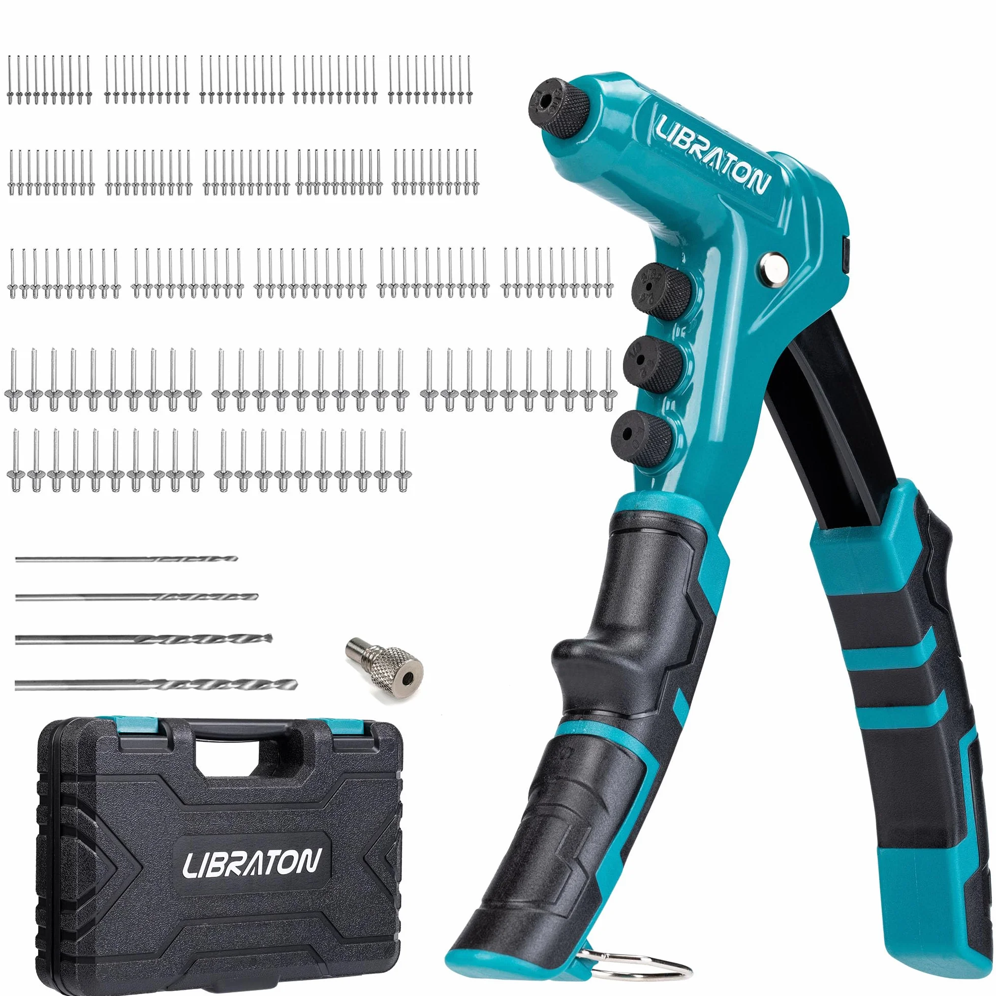 LIBRATON Remachadora Manual, Pistola Remachadora, Remachadora Profesional con 200 Remaches (2,4 mm/3,2 mm/4,0 mm/4,8 mm) y 4 Brocas HSS, para Metal, Madera y Plástico