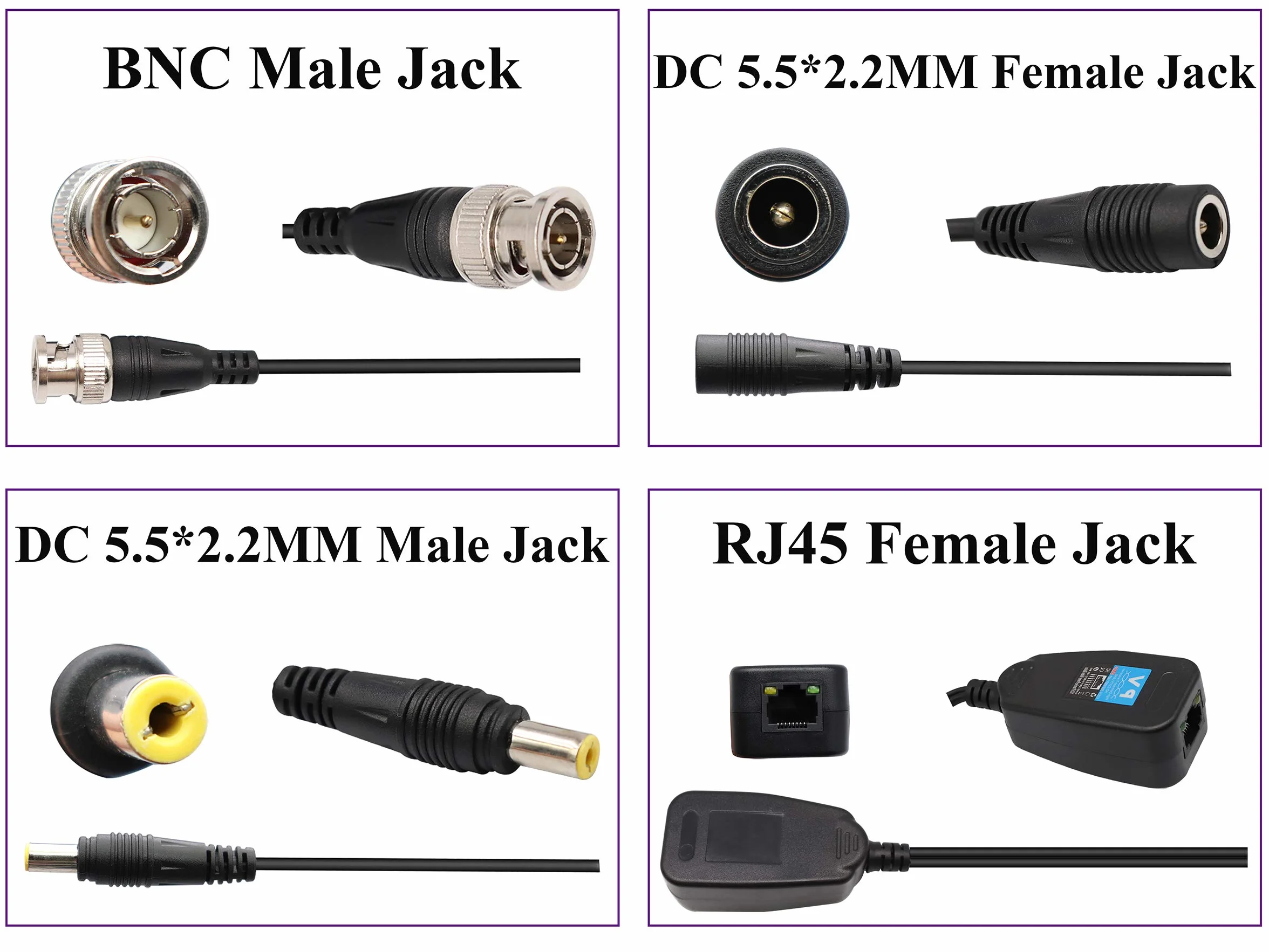 Balun HD BNC a RJ45 Video Transceptor Pasivo HD-CVI/TVI/AHD/CVBS con Conector de Alimentación para 1080P 3MP 4MP 5MP 8MP CCTV Seguridad DVR Sistema de Cámara Vigilancia(4 Pares-19CM)