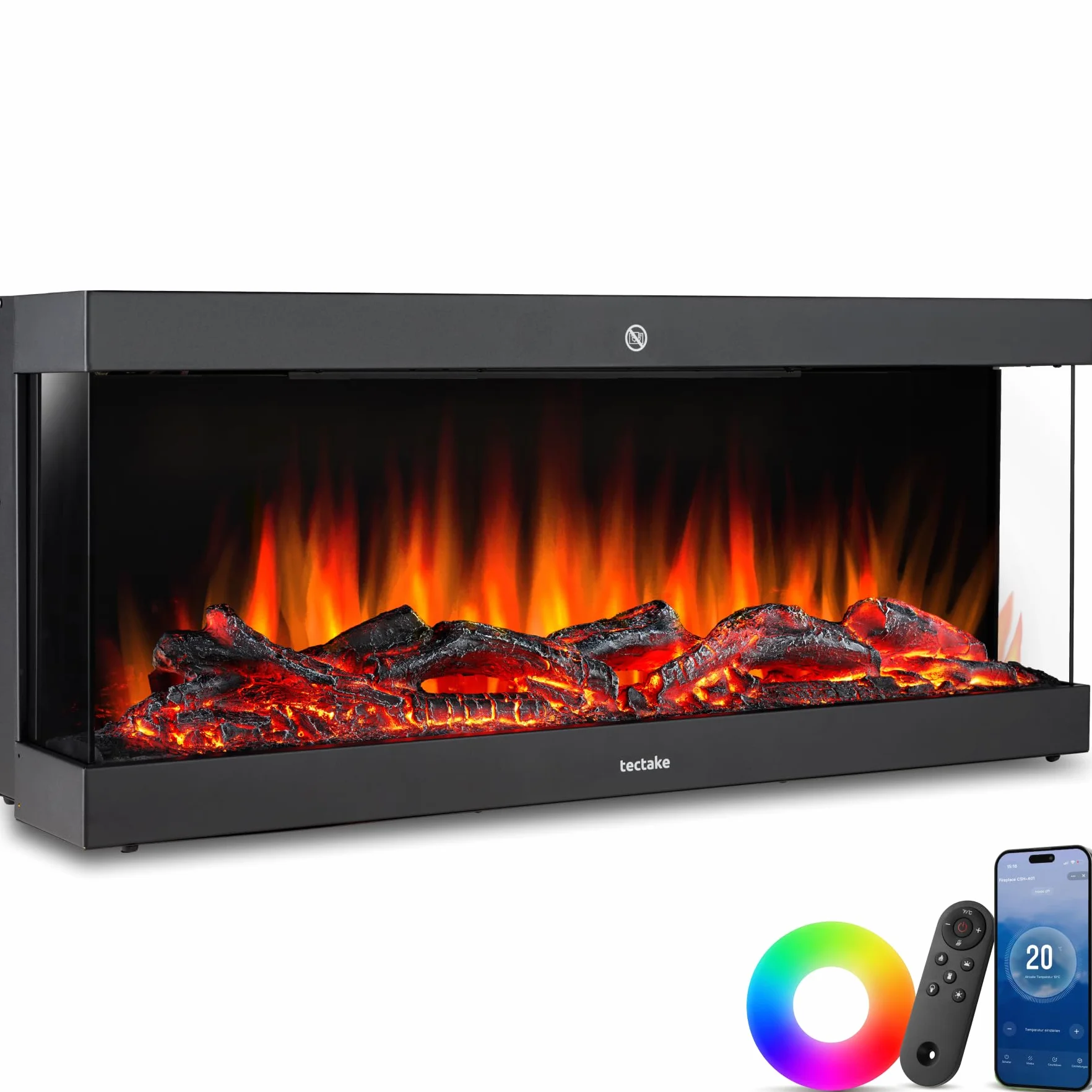 tectake® Chimenea Electrica Decorativa con Efecto Llama 3D Realista, 2 Niveles de Potencia 900W y 1800W, Control Digital, Chimenea Eléctrica con Mando a Distancia - 24,5 x 91,4 x 38 cm