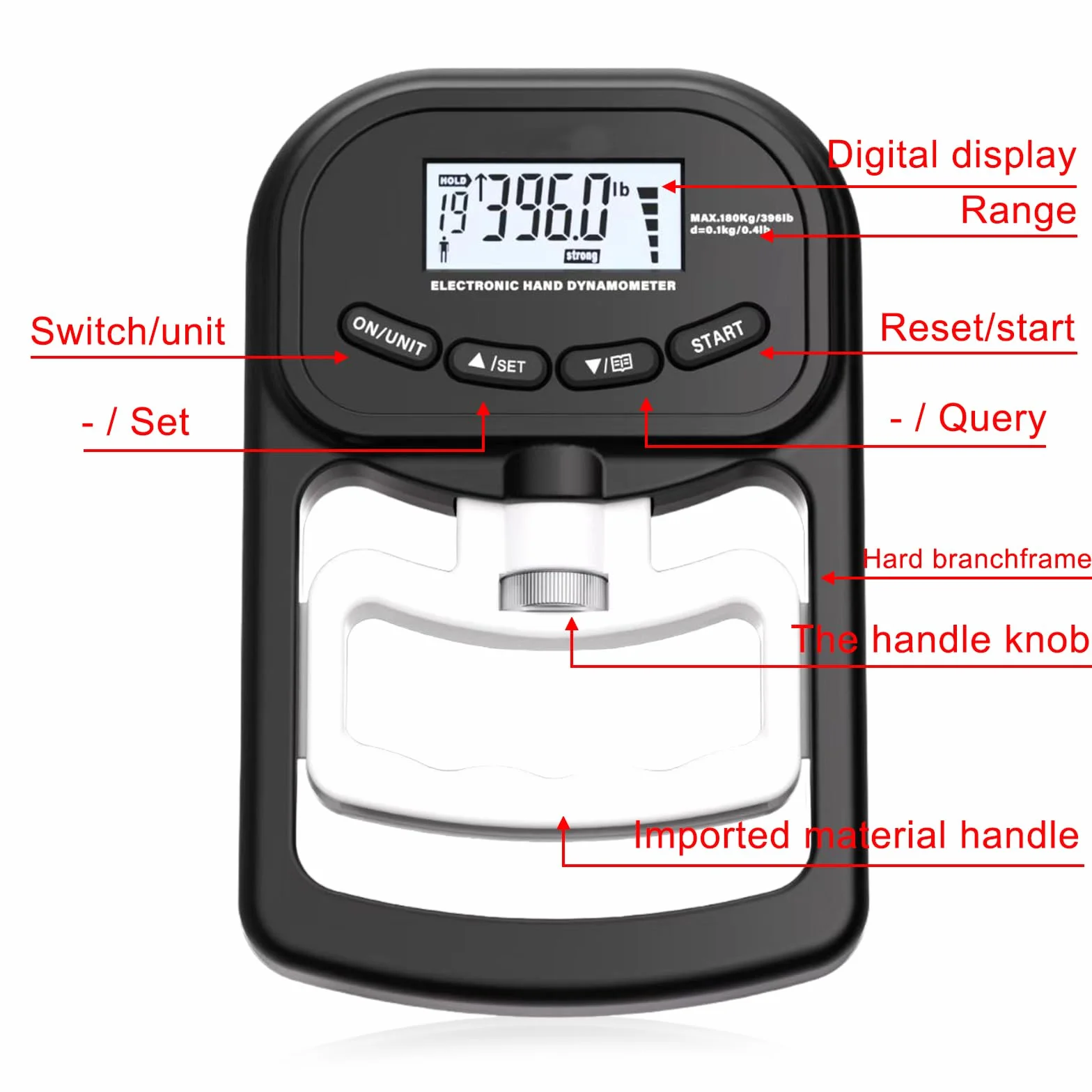 Medidor de fuerza digital manual, 396 lb/180 kg, color negro, dinamómetro de mano con cable de carga USB, gran pantalla LED