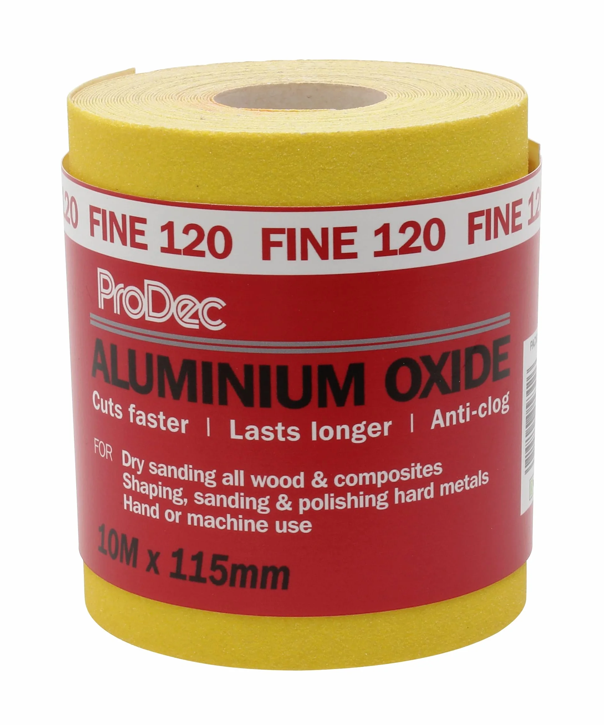 ProDec Rollo de 10m de papel de lija abrasivo de óxido de aluminio amarillo de grano fino 120 para lijar madera, pintura, yeso, masilla, metal y más, 115mm de ancho Compatible con lijadoras a máquina