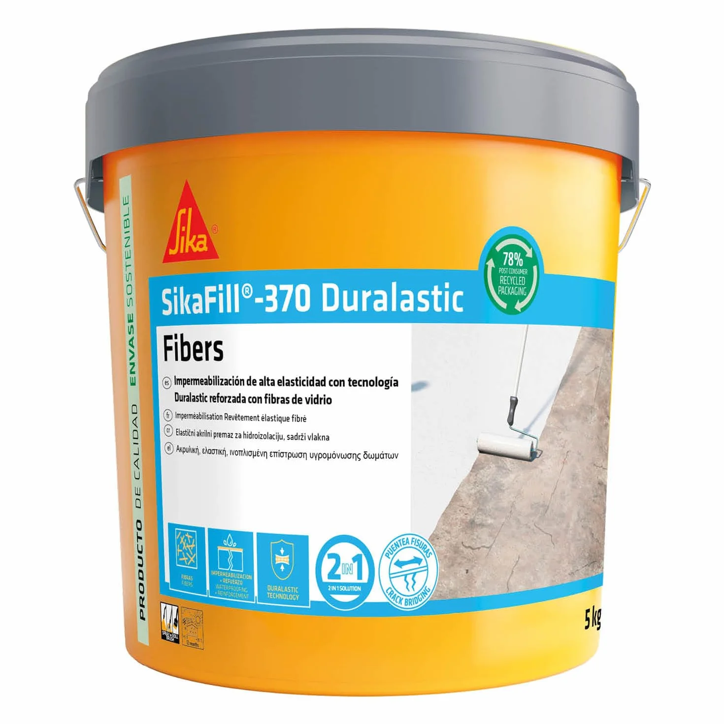 SIKA - Impermeabilización reforzada con fibra - SikaFill 370 Fibers - Blanco -Pintura acrílica con fibras de vidrio para impermabilización de cubiertas y terrazas visitables - Puenteo de fisuras - 5kg