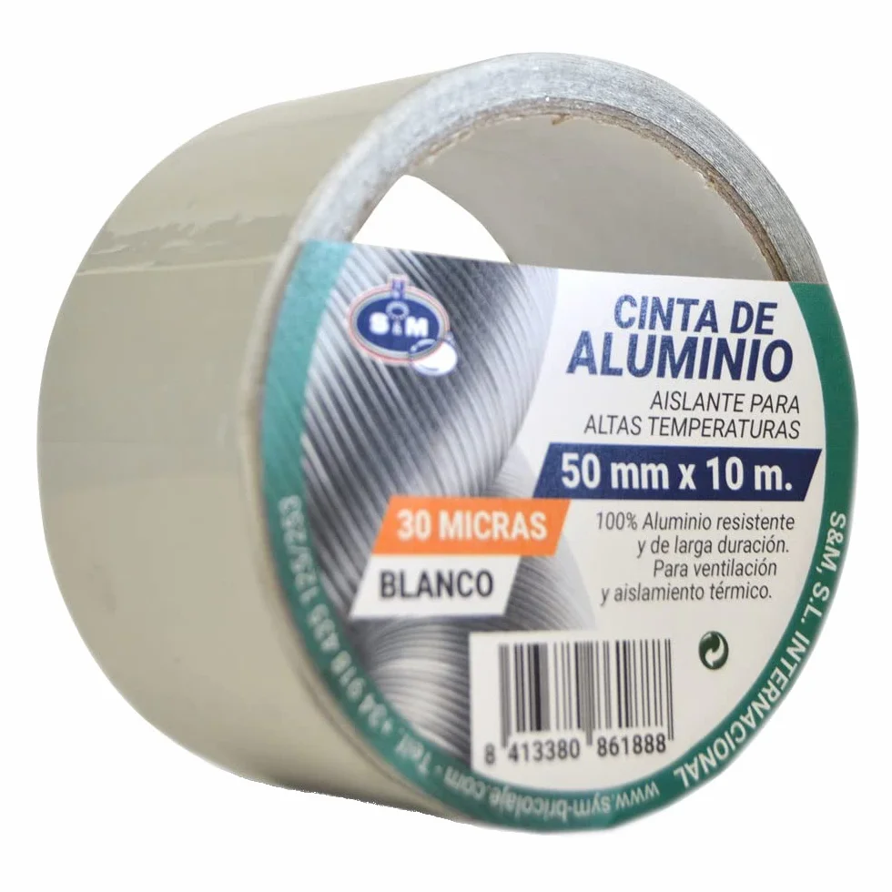S&M Cinta aluminio blanca 50 mm x 10 m (espesor 30 micras) SANEAPLAST- Cinta adhesiva de aluminio multiusos– Rollo de 10 metros, Blanco