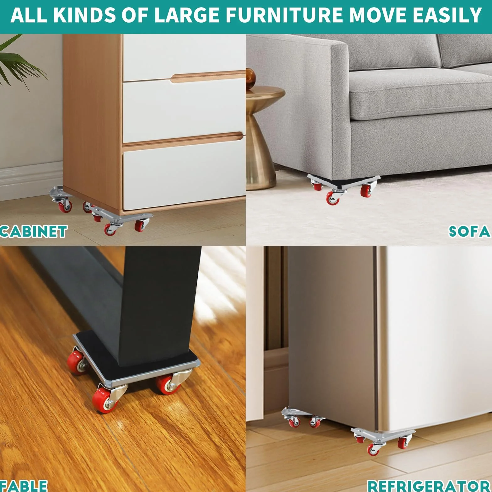 Transportador de Muebles con Ruedas, Ruedas para Muebles 360°Ruedas Giratorias Capacidad de Carga de 600KG, Elevador de Muebles para Sofá Lavadora y guardarropas frigoríficos Piano (Plata)