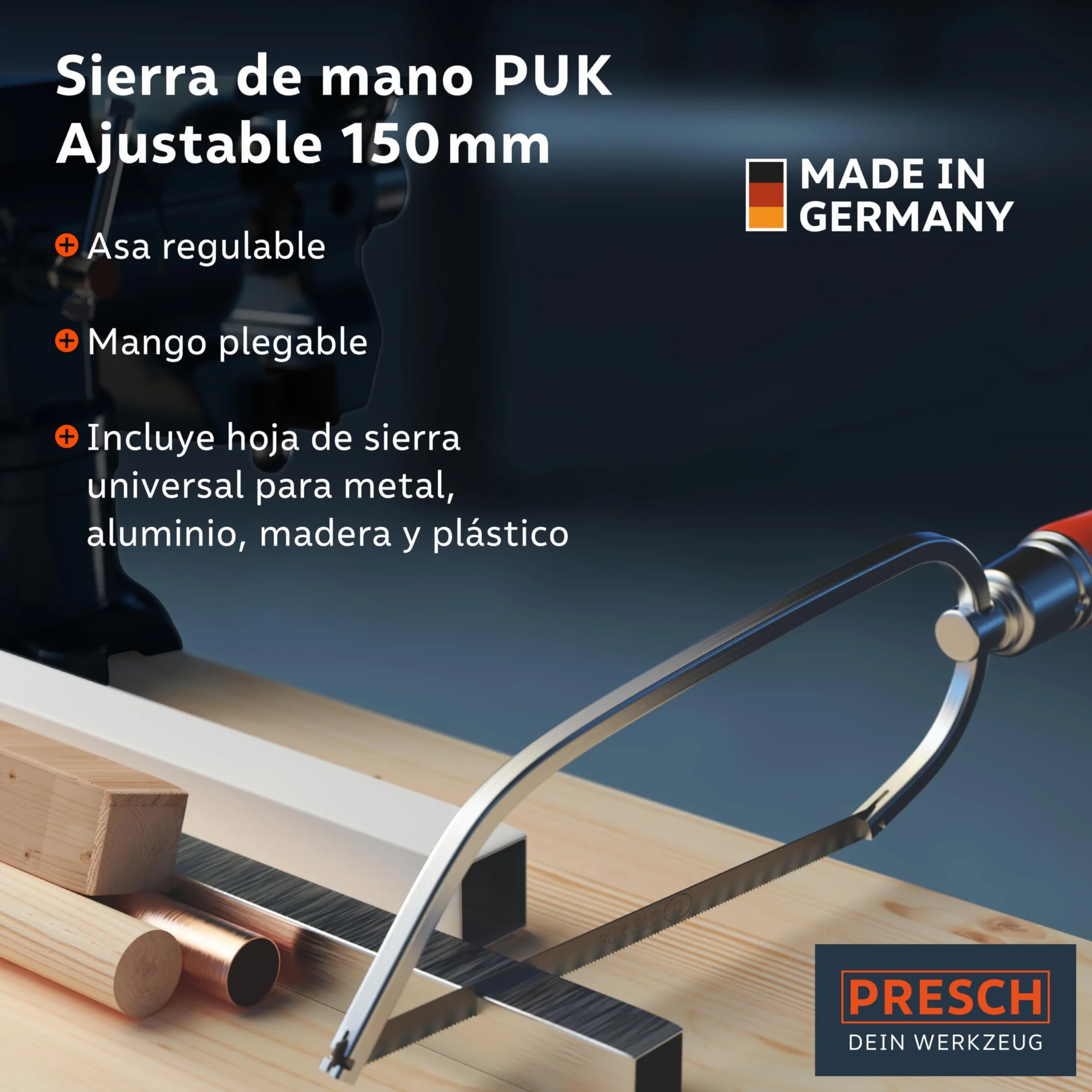 Presch Sierra de arco plegable PUK 150mm para metal no ferroso, plástico, aluminio, madera