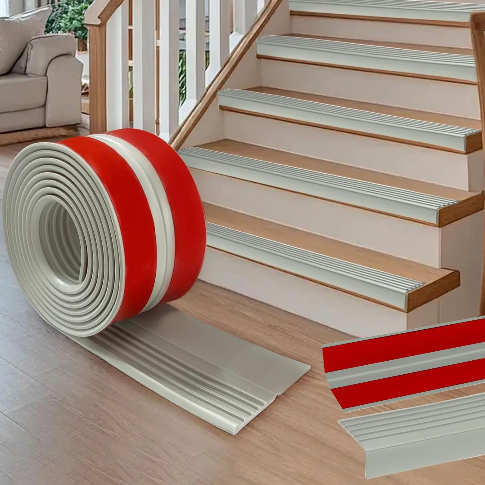 Perfil de borde de escalera autoadhesivo, 500x9.5cm de PVC, perfil de protección para escaleras, antideslizante, impermeable, en forma de L, para exteriores e interiores