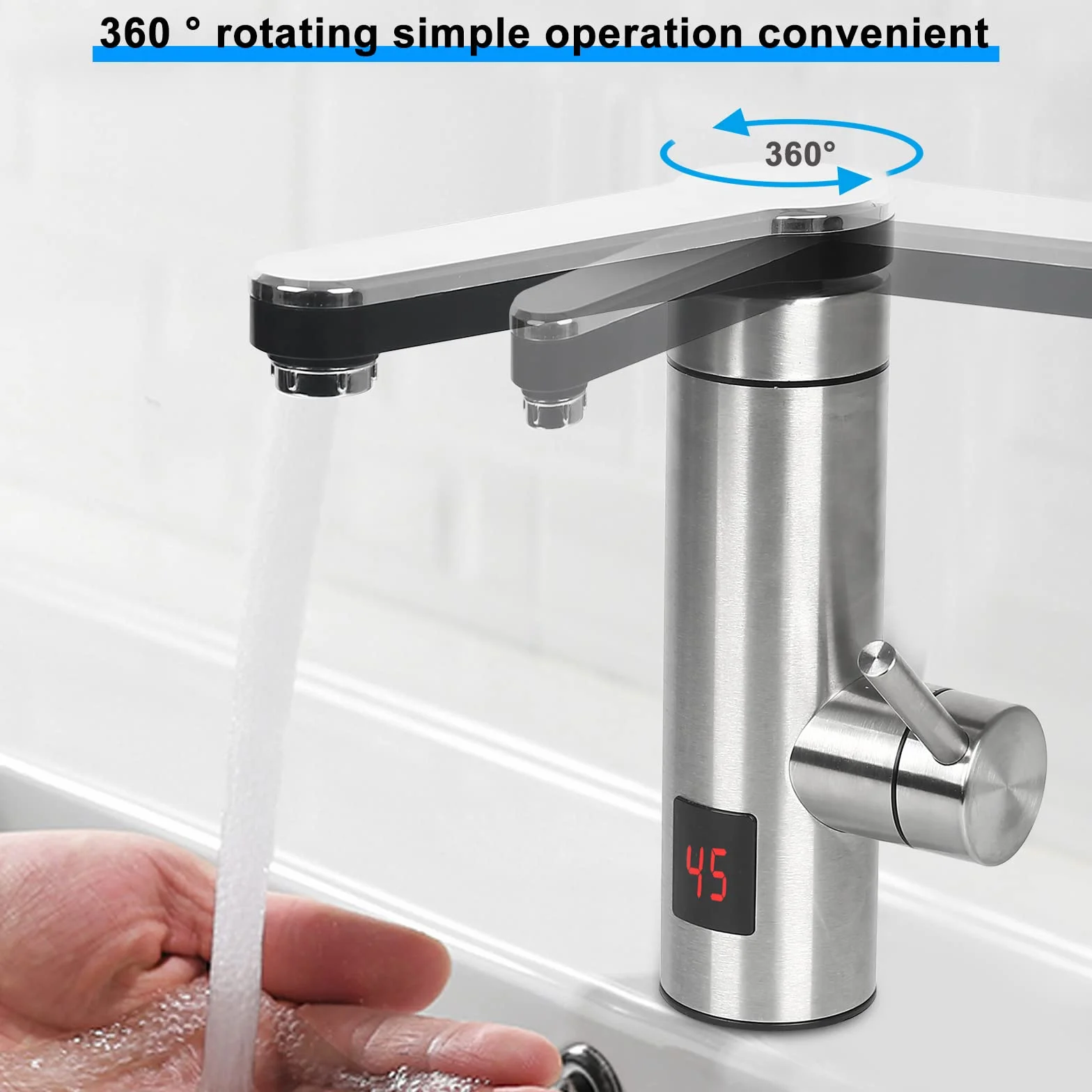 Grifo Calentador Eléctrico 3KW con Indicador LED 360°, Mezclador de Acero Inoxidable para Baño y Cocina