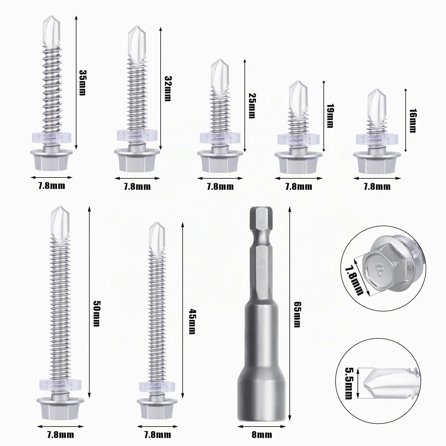 Gueenky 195 Piezas Tornillos Autotaladrantes Cabeza Hexagonal, 5,5 x 16-50mm Tornillos Autoperforantes Acero Inox Tornillos Autorroscantes, 7 Tamaños Tornillos Autotaladrantes Metal, con Llave de Vaso
