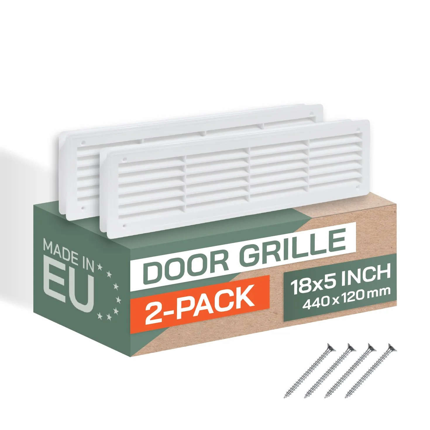 Vent Systems 450 x 120 mm, paquete de 2 registros de aire blancos para puerta, rejillas de ventilación de dos lados, rejillas de ventilación interiores, baño, armario, garaje a través de la puerta