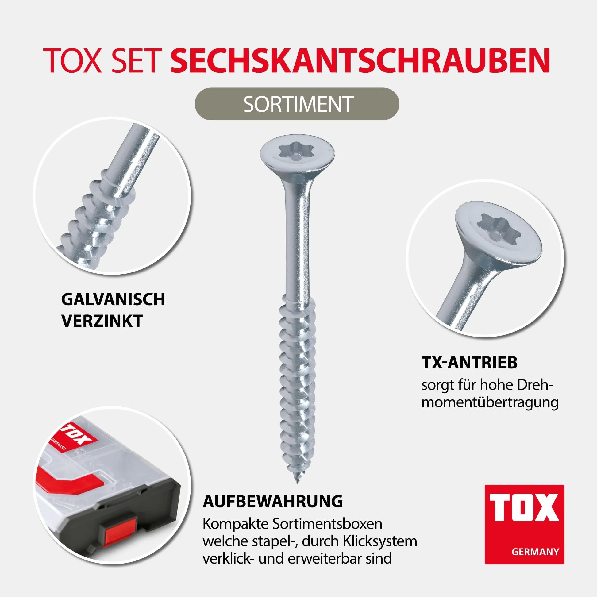 Juego de tornillos TOX L-BOXX Mini 3-5 mm, TX, rosca completa, 3 cajas encajables con 18 tamaños, total 1460 tornillos para madera. Ref. 094909172